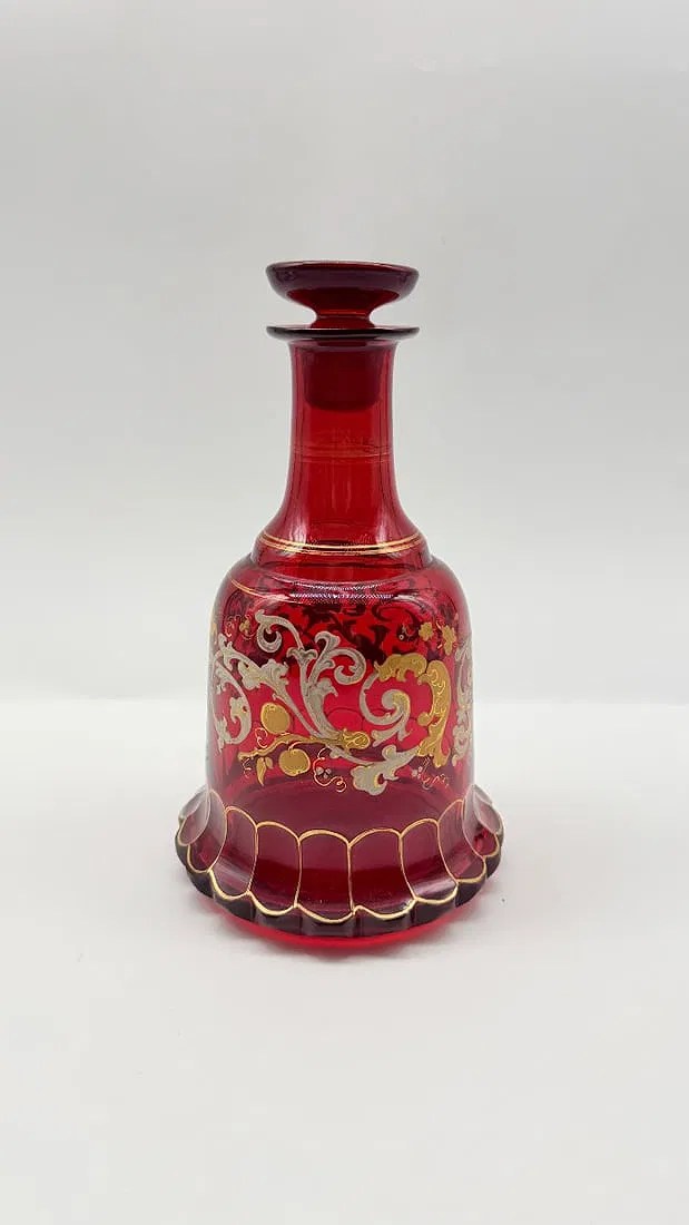 Bohemian ruby-glass enamel decanter with original disc stopper, made for the Ottoman market