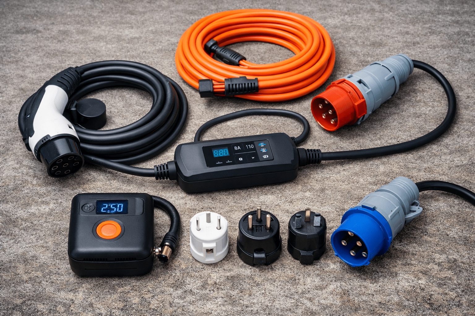 Carregador portátil para carro elétrico, extensão reforçada, adaptadores e conectores industriais organizados no chão