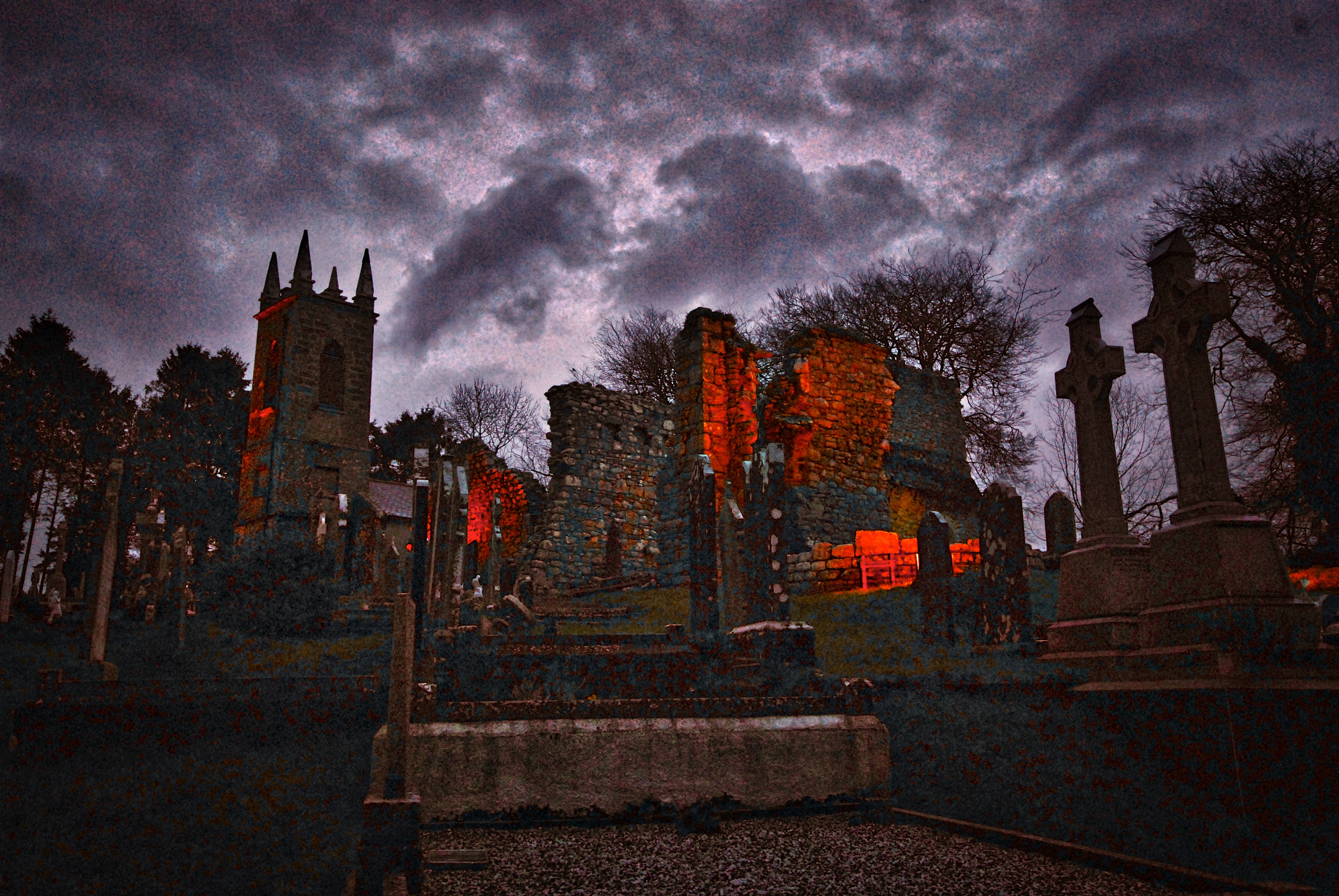 The ruins of the Ecclesiastical city of St Mullins as night closes in