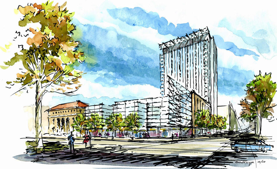 Rendering of the new Georgia Tech tower with Crum & Forster building facade.