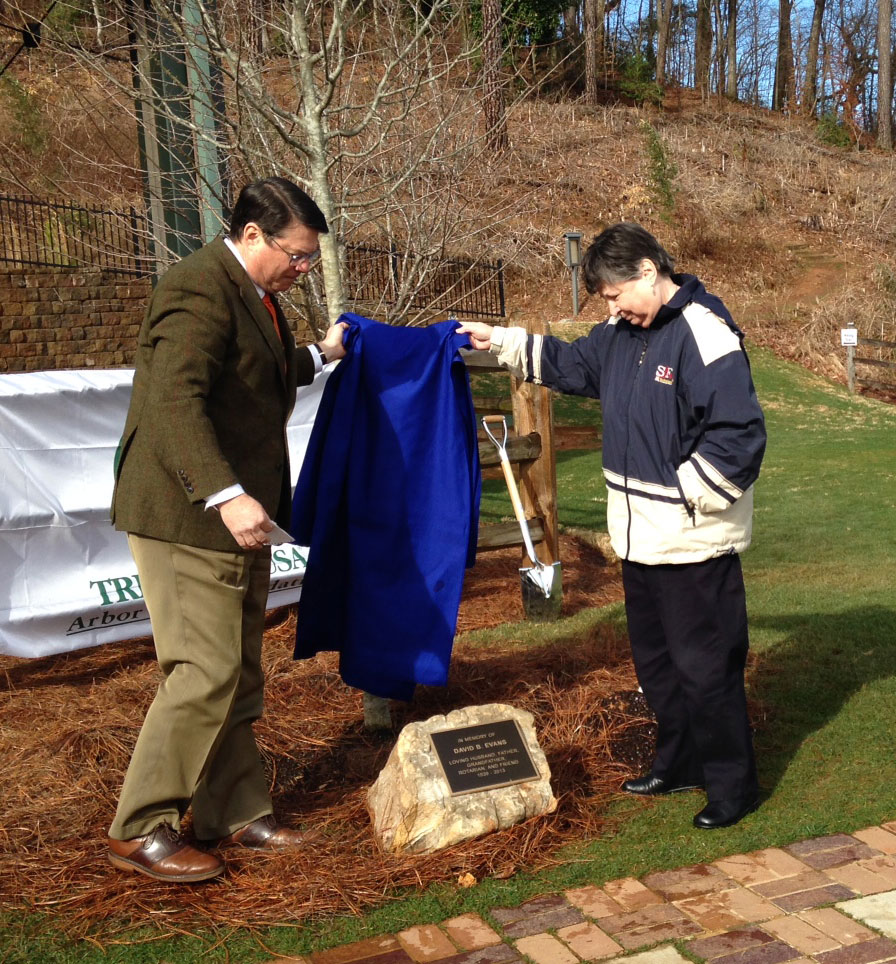 Sandy Springs Mayor Rusty Paul, left, and Barbara Evans unveil a plaque marking a tree planted on Feb. 21, Arbor Day, in memory of her husband, David Evans, who died in December.