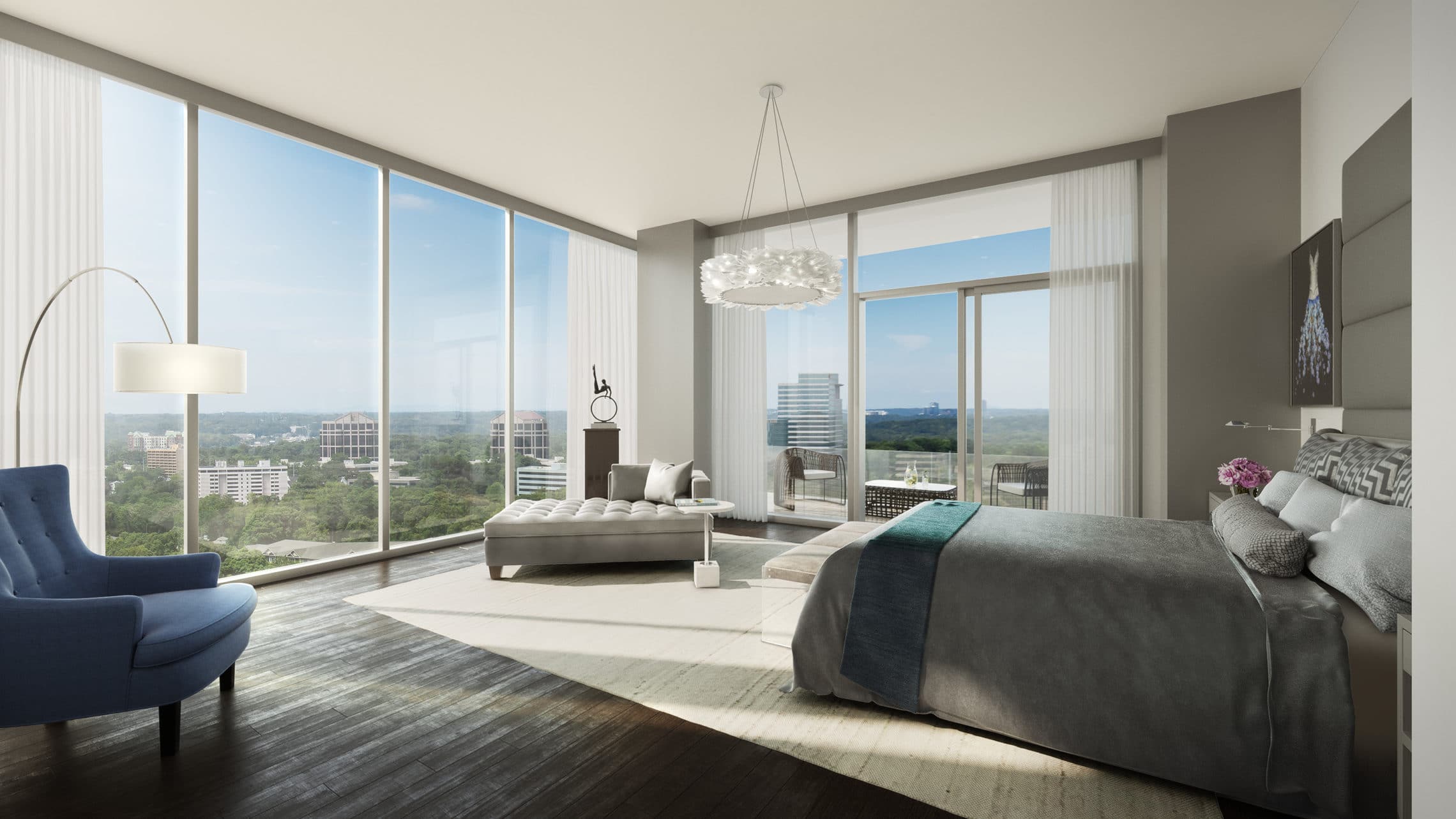 A master bedroom at The Charles in Buckhead.