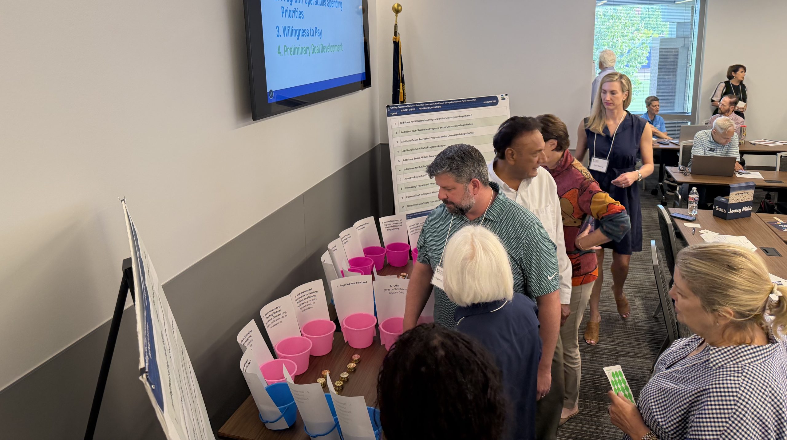 Committee members allocate funding tokens during a Sandy Springs Recreation and Parks Master Plan priorities exercise.