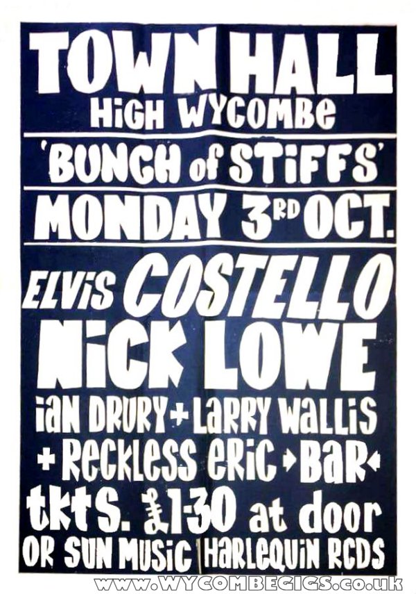 Concert poster for 'Bunch of Stiffs' featuring Elvis Costello and Nick Lowe, at Town Hall, High Wycombe on Monday, October 3rd. Ticket price £1.30.