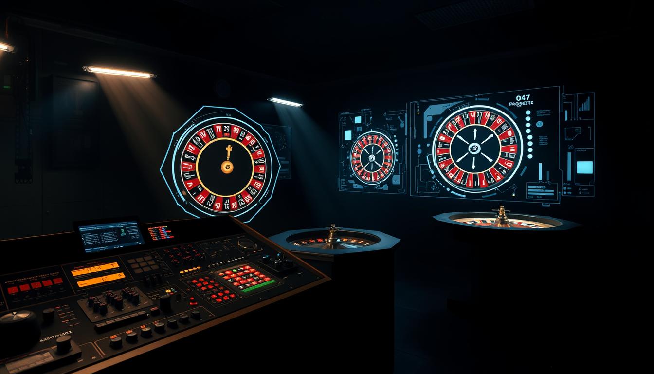 A dark, dimly lit laboratory setting with a mysterious aura. In the foreground, a complex control panel with an OCW logo and various dials, screens, and buttons, hinting at the intricate AI algorithms governing the roulette prediction software. The middle ground features holographic displays showcasing spinning roulette wheels and data visualizations, while the background is shrouded in shadows, creating a sense of secrecy and technological prowess. Dramatic lighting casts long shadows, emphasizing the precision and power of the AI systems at work. The overall mood is one of anticipation and the thrill of mastering the unpredictable nature of roulette through advanced analytics.