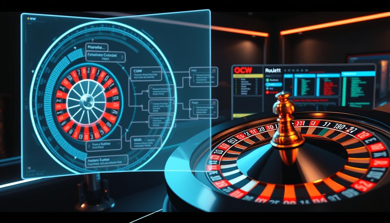 A detailed visualization of a complex roulette software algorithm, showcasing its inner workings. In the foreground, a holographic projection of spinning roulette wheel, its segments pulsing with lines of code. In the middle ground, a 3D schematic diagram of the algorithm's data structures and computational flow, rendered in a crisp, technical style. In the background, a sleek futuristic interface of the OCW roulette betting software, its elegant UI hinting at the sophisticated automation beneath. Bright neon-like lighting illuminates the scene, casting dynamic shadows and creating an atmosphere of advanced, cutting-edge technology. A detailed visualization of a complex roulette software algorithm, showcasing its inner workings. In the foreground, a holographic projection of spinning roulette wheel, its segments pulsing with lines of code. In the middle ground, a 3D schematic diagram of the algorithm's data structures and computational flow, rendered in a crisp, technical style. In the background, a sleek futuristic interface of the OCW roulette betting software, its elegant UI hinting at the sophisticated automation beneath. Bright neon-like lighting illuminates the scene, casting dynamic shadows and creating an atmosphere of advanced, cutting-edge technology.