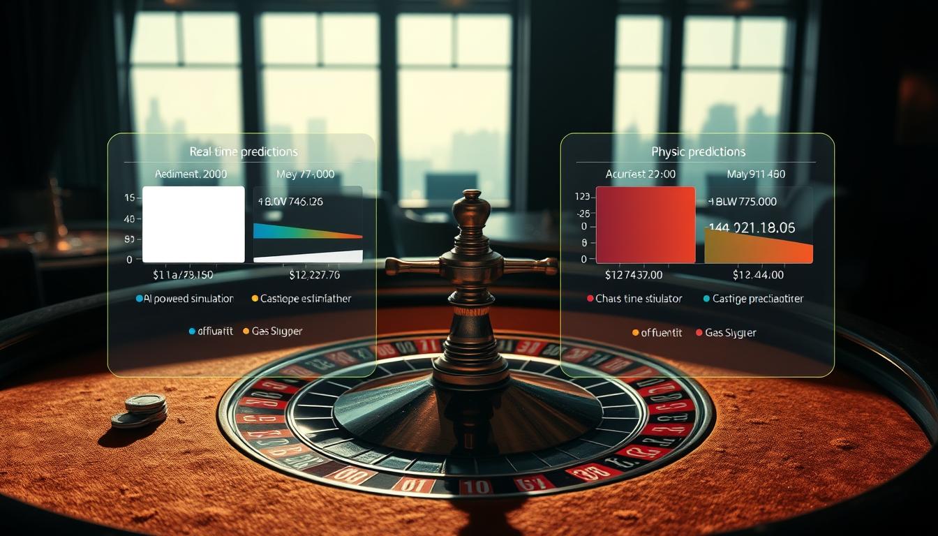 A dimly lit roulette table with a Roulette Prediction Software overlay, showcasing two distinct prediction methods - an AI-powered simulation and a physics-based calculation. The table's felt surface is worn, casting long shadows across the chips and spinning wheel. In the foreground, a holographic interface displays real-time predictions, color-coded to represent the accuracy of each approach. The middle ground features a side-by-side comparison, highlighting the strengths and weaknesses of the two methods. In the background, a hazy cityscape is visible through the casino's windows, adding a sense of atmosphere and immersion. The overall scene conveys the idea of using advanced technology to gain an edge in the classic game of roulette.