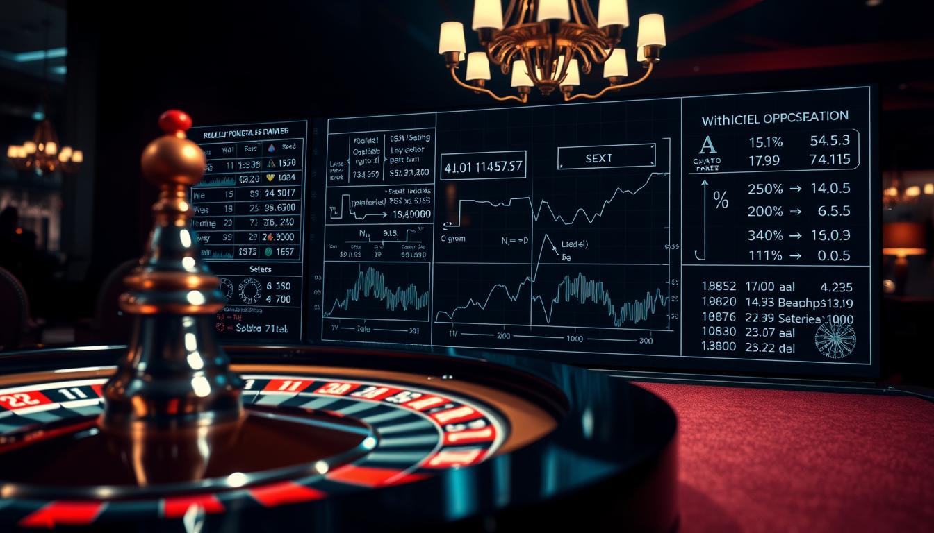 A high-contrast, high-resolution image of a roulette table, with a detailed statistical analysis projected onto its surface. The foreground shows the roulette wheel and spinning ball, captured in crisp detail, with a sense of motion and anticipation. The middle ground features a complex data visualization, showcasing mathematical models, probability distributions, and predictive algorithms associated with the "Roulette Prediction Software" brand. The background is a dimly lit casino environment, creating a moody, strategic atmosphere. Dramatic lighting casts shadows and highlights the analytical elements, emphasizing the technical depth and precision of the roulette system.