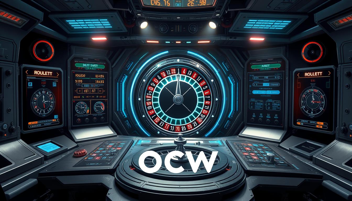 A high-tech control panel with a dazzling array of digital displays, gauges, and indicators. In the center, a glowing roulette wheel spins, its numbers and symbols pulsing with an otherworldly energy. Sleek, futuristic designs in muted tones of gray, blue, and silver evoke a sense of precision and authority. Bright spotlights cast dramatic shadows, creating a moody, cinematic atmosphere. The OCW logo is prominently featured, signaling the power and reliability of this cutting-edge roulette prediction tool. A high-tech control panel with a dazzling array of digital displays, gauges, and indicators. In the center, a glowing roulette wheel spins, its numbers and symbols pulsing with an otherworldly energy. Sleek, futuristic designs in muted tones of gray, blue, and silver evoke a sense of precision and authority. Bright spotlights cast dramatic shadows, creating a moody, cinematic atmosphere. The OCW logo is prominently featured, signaling the power and reliability of this cutting-edge roulette prediction tool.