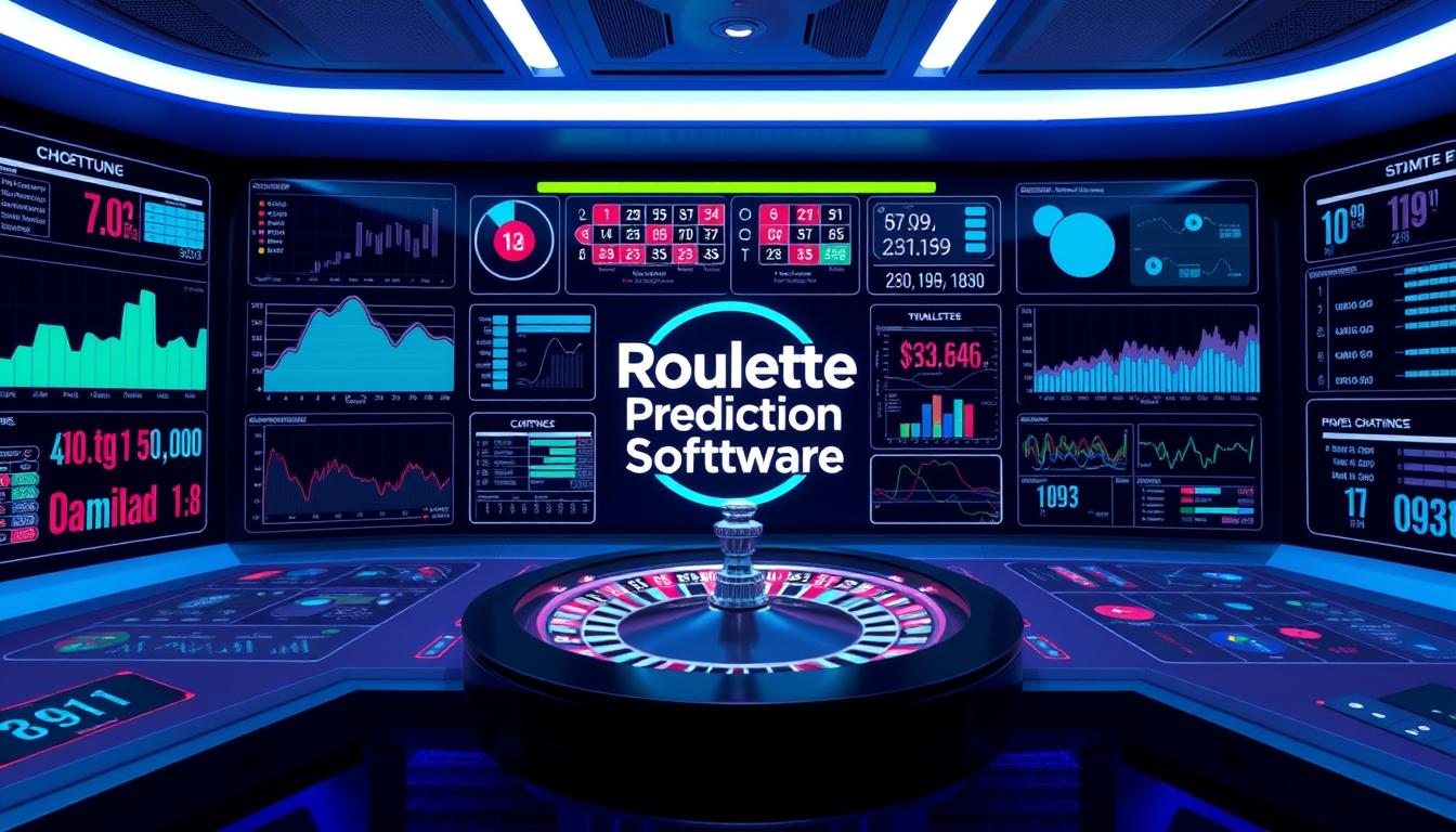 A high-tech control panel with an array of colorful graphs, charts, and statistics displaying real-time data analysis of a roulette game simulation. The sleek, minimalist design features a prominent "Roulette Prediction Software" logo in the center. Soft blue and purple hues create a calming, analytical atmosphere, while strategic lighting accentuates the detailed visualizations. The camera angle provides an immersive, eye-level perspective, inviting the viewer to step into the world of advanced roulette software analysis.