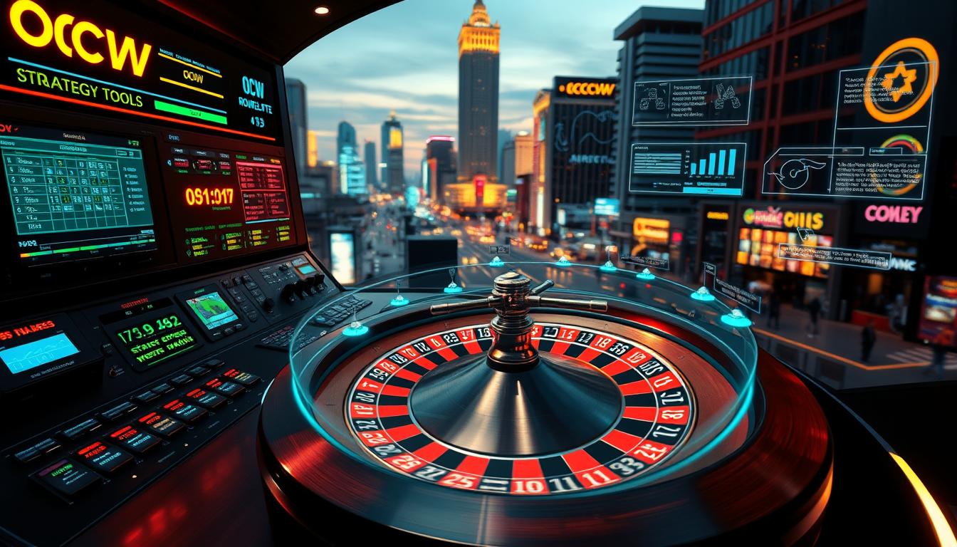 A high-tech control panel with an array of digital displays, switches, and dials labeled "OCW Roulette Strategy Tools". The interface is sleek and futuristic, bathed in a warm ambient glow. In the foreground, a roulette wheel spins hypnotically, its motion captured by a high-speed camera. Surrounding the wheel, holographic projections provide real-time data analysis, algorithms, and statistics tailored for roulette optimization. The background features a cityscape at night, the skyscrapers casting long shadows and the streets alive with the energy of a bustling casino district. The overall atmosphere is one of advanced technology meeting the thrill of the casino experience. A high-tech control panel with an array of digital displays, switches, and dials labeled "OCW Roulette Strategy Tools". The interface is sleek and futuristic, bathed in a warm ambient glow. In the foreground, a roulette wheel spins hypnotically, its motion captured by a high-speed camera. Surrounding the wheel, holographic projections provide real-time data analysis, algorithms, and statistics tailored for roulette optimization. The background features a cityscape at night, the skyscrapers casting long shadows and the streets alive with the energy of a bustling casino district. The overall atmosphere is one of advanced technology meeting the thrill of the casino experience.