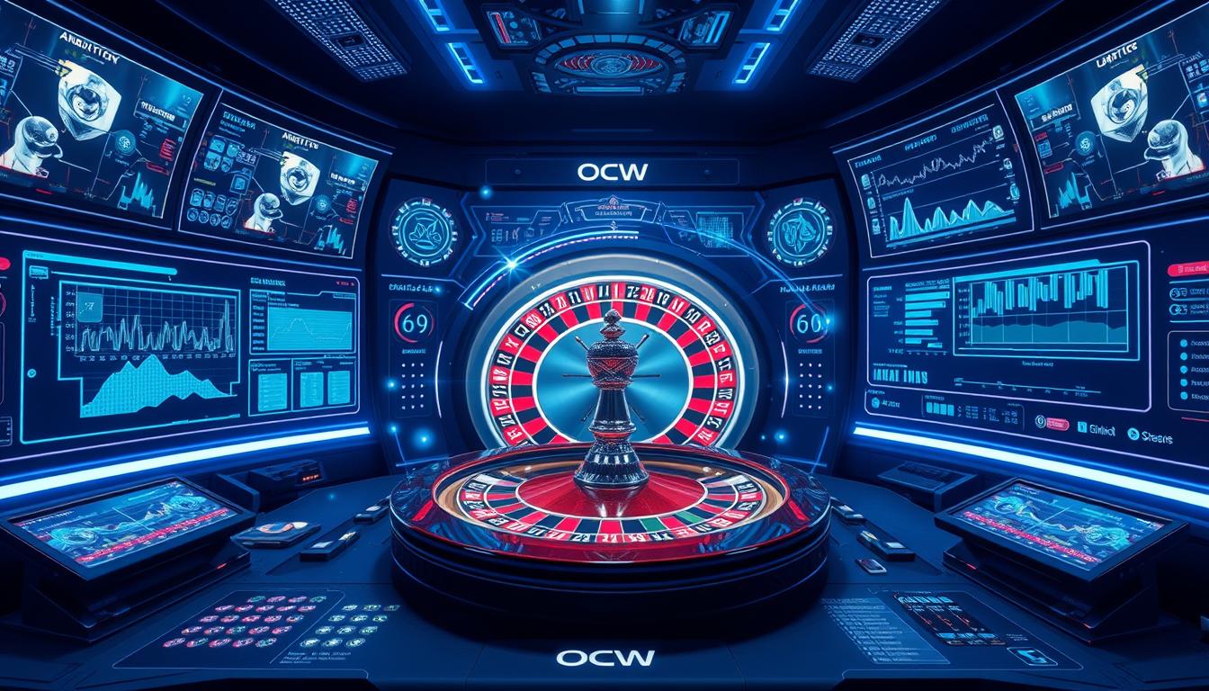 A high-tech control panel with an array of screens, holographic displays, and sleek interfaces. In the center, a large roulette wheel spins, its motion captured by advanced sensors. Intricate algorithms and statistical models are visualized in real-time, analyzing patterns and predicting outcomes. The scene is bathed in a cool, blue-tinted lighting, conveying a sense of precision and technological sophistication. OCW branding is subtly integrated into the design. The overall atmosphere is one of scientific inquiry and analytical prowess, befitting a "smart roulette software" solution. A high-tech control panel with an array of screens, holographic displays, and sleek interfaces. In the center, a large roulette wheel spins, its motion captured by advanced sensors. Intricate algorithms and statistical models are visualized in real-time, analyzing patterns and predicting outcomes. The scene is bathed in a cool, blue-tinted lighting, conveying a sense of precision and technological sophistication. OCW branding is subtly integrated into the design. The overall atmosphere is one of scientific inquiry and analytical prowess, befitting a "smart roulette software" solution.