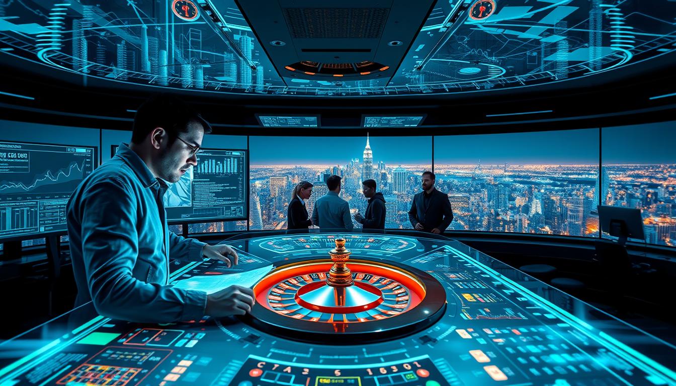 A high-tech control room filled with holographic displays, AI-powered prediction algorithms, and a central command console emblazoned with the OCW logo. The foreground features a skilled data analyst intently studying complex charts and graphs, their face illuminated by the glow of the screens. In the middle ground, a team of engineers collaborates, fine-tuning the predictive models that power the revolutionary OCW roulette prediction software. The background showcases a panoramic view of a bustling city skyline, hinting at the wide-reaching impact of this cutting-edge technology. The scene conveys a sense of precision, innovation, and the pinnacle of AI-driven prediction capabilities. A high-tech control room filled with holographic displays, AI-powered prediction algorithms, and a central command console emblazoned with the OCW logo. The foreground features a skilled data analyst intently studying complex charts and graphs, their face illuminated by the glow of the screens. In the middle ground, a team of engineers collaborates, fine-tuning the predictive models that power the revolutionary OCW roulette prediction software. The background showcases a panoramic view of a bustling city skyline, hinting at the wide-reaching impact of this cutting-edge technology. The scene conveys a sense of precision, innovation, and the pinnacle of AI-driven prediction capabilities.