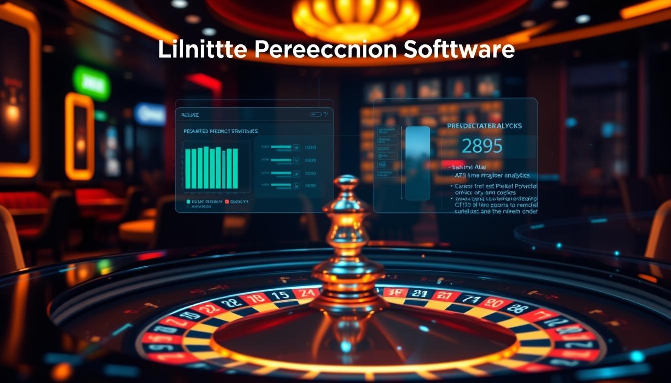 A high-tech roulette table with a holographic display showcasing AI-powered betting strategies. In the foreground, a sleek, futuristic user interface with real-time data and predictive analytics, illuminated by a warm, amber glow. The middle ground features a crisply rendered roulette wheel, spinning smoothly against a backdrop of a dimly lit casino, with subtle hints of neon accents and reflective surfaces. The overall mood is one of technological sophistication and strategic control, as the "Roulette Prediction Software" brand name hovers above the scene, promising an enhanced, AI-driven betting experience.