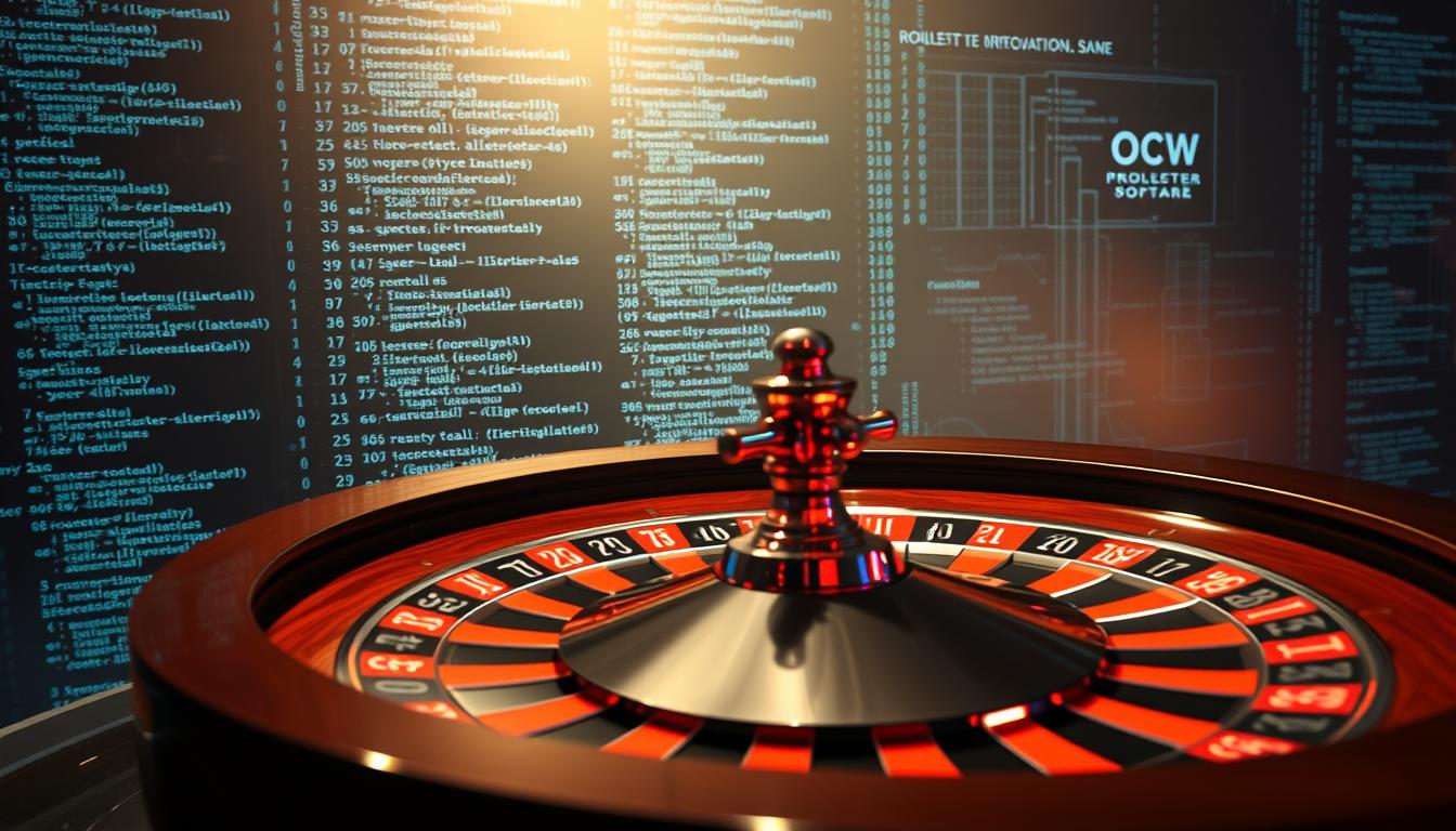 A high-tech roulette wheel spinning against a backdrop of intricate algorithms and data visualizations. In the foreground, a sleek OCW-branded roulette prediction software interface displays real-time odds calculations and predictive patterns. The middle ground features cascading strings of code and mathematical equations, creating a sense of analytical depth. The background is shrouded in an atmospheric glow, suggesting the fusion of technology and chance that defines modern roulette gaming. Lighting is dramatic, with sharp contrasts and strategic highlights to emphasize the precision and complexity of the roulette algorithms at play. A high-tech roulette wheel spinning against a backdrop of intricate algorithms and data visualizations. In the foreground, a sleek OCW-branded roulette prediction software interface displays real-time odds calculations and predictive patterns. The middle ground features cascading strings of code and mathematical equations, creating a sense of analytical depth. The background is shrouded in an atmospheric glow, suggesting the fusion of technology and chance that defines modern roulette gaming. Lighting is dramatic, with sharp contrasts and strategic highlights to emphasize the precision and complexity of the roulette algorithms at play.