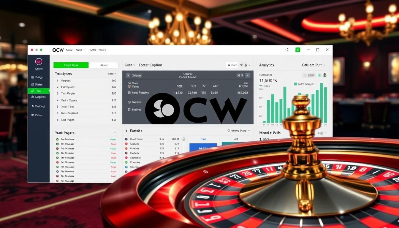 A modern and sleek software interface with the brand name "OCW" prominently displayed. The foreground features a detailed roulette wheel with dynamic lighting, capturing the excitement and precision of the game. The middle ground showcases various betting options and analytics tools, reflecting the software's advanced capabilities. The background depicts a dimly lit casino setting, creating an immersive and atmospheric environment. The overall composition conveys a sense of technological sophistication and the promise of optimized betting strategies for the discerning roulette player.