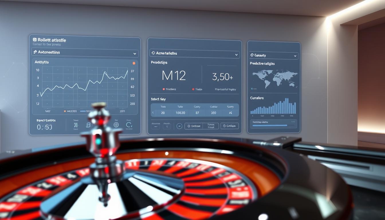 A modern, sleek interface for a "Roulette Prediction Software" application. In the foreground, a roulette wheel spins, its polished chrome and glass surface reflecting the dynamic lighting. Beside it, a set of advanced statistical analytics and predictive algorithms are displayed on a high-resolution touchscreen display. The middle ground features intuitive controls and customization options, allowing the user to fine-tune the software's parameters. In the background, a minimalist, tech-inspired environment with clean lines and subtle gradients sets the tone for a sophisticated, data-driven roulette experience.