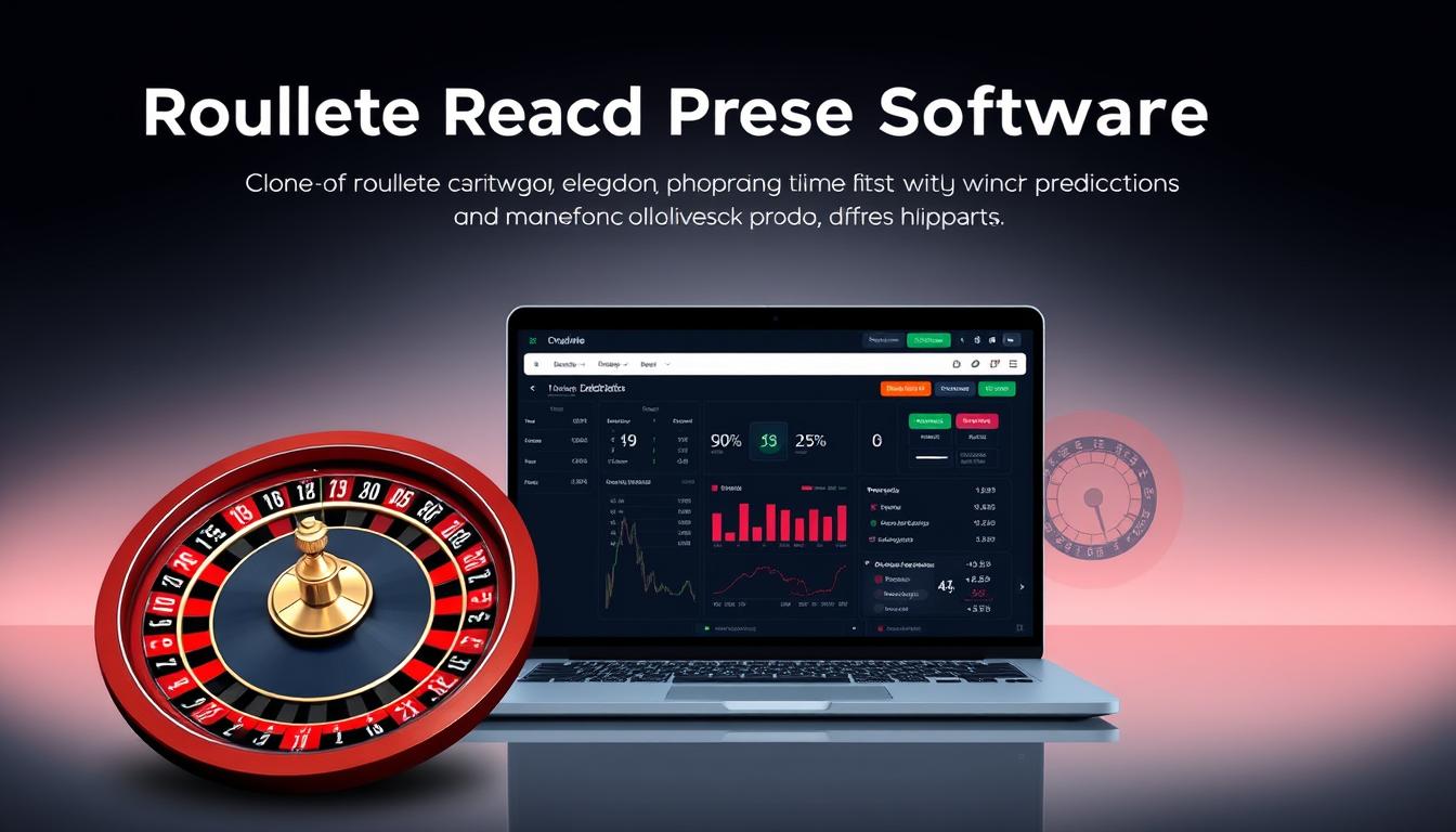 A modern, sleek software dashboard showcasing the key features of "Roulette Prediction Software". The foreground displays a stylized roulette wheel with dynamic data visualizations, tables, and interactive UI elements. The middle ground features a laptop screen displaying the software's intuitive interface, highlighting its compatibility, analysis tools, and predictive algorithms. The background has a minimalist, futuristic setting with subtle gradient lighting, conveying a sense of cutting-edge technology and data-driven insights. The overall mood is one of sophistication, precision, and the power of roulette strategy software to unlock winning predictions.