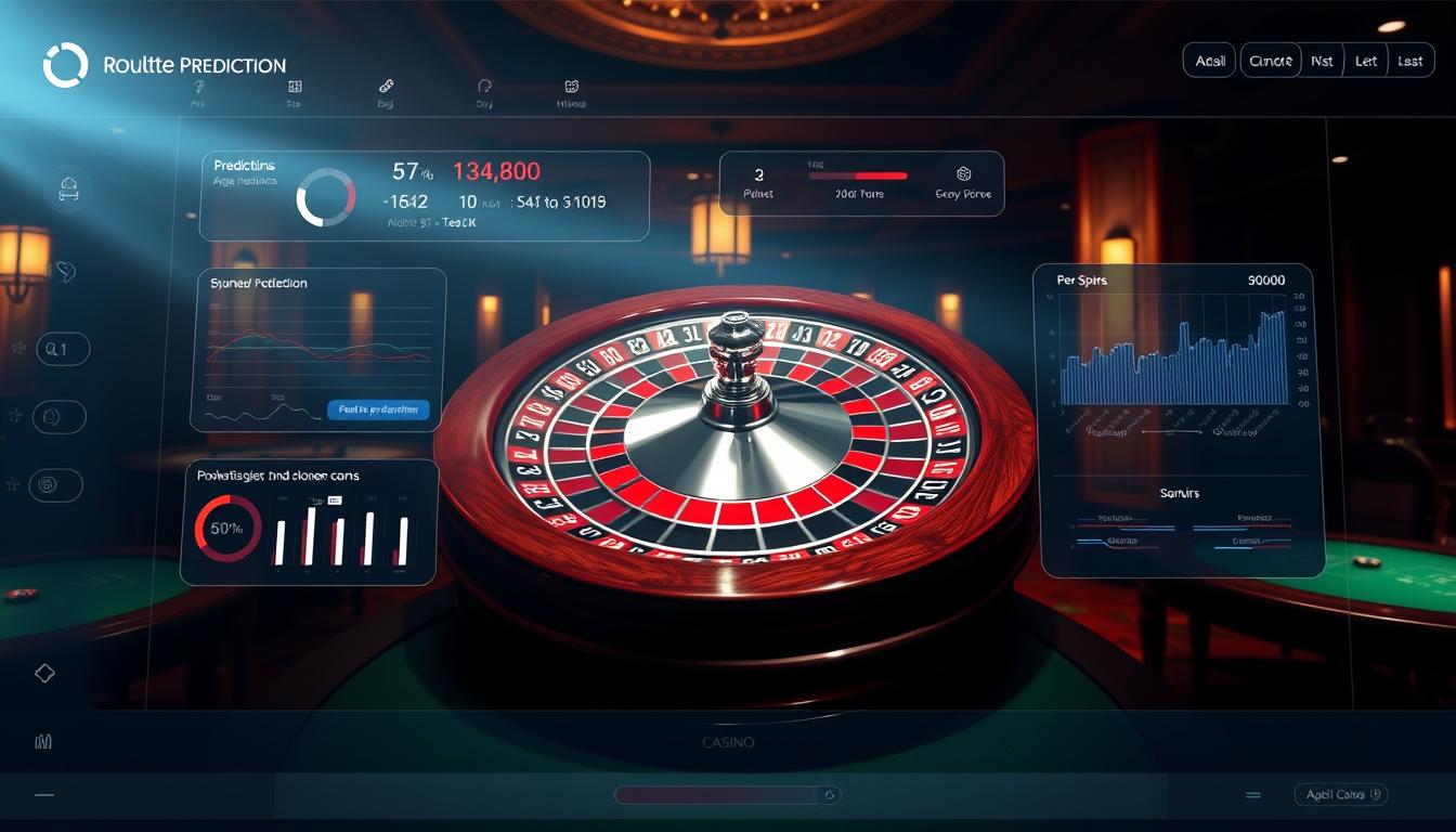A sleek and modern dashboard display showcasing the "Roulette Prediction Software" algorithm in action. The interface features an array of intuitive controls, graphs, and data visualizations, with a crisp, high-contrast design and a cool, metallic color palette. In the center, a mesmerizing roulette wheel spins, its motion captured in a time-lapse effect, overlaid with real-time predictions and probabilities. The background is a dimly lit casino interior, with rich mahogany accents and the faint glow of green felt tables. Dramatic backlighting casts dramatic shadows, creating a sense of depth and drama. The overall tone is one of precision, control, and the thrill of the game.