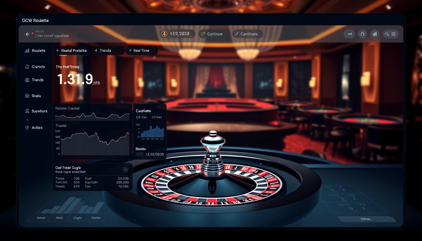 A sleek and modern user interface for an OCW roulette prediction software. In the foreground, a bold, minimalist dashboard with real-time roulette data, trends, and probability calculations. The middle ground features a detailed roulette wheel simulation, with the ball's trajectory and landing position projected in real-time. In the background, a panoramic view of a dimly lit, high-end casino interior, with soft, warm lighting casting a cozy, atmospheric glow. The overall impression is one of a sophisticated, data-driven tool that can give the user a competitive edge in the world of online roulette.