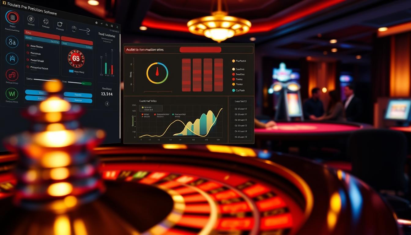 A sleek and sophisticated software interface, its controls and displays illuminated by warm, ambient lighting, showcasing the power and precision of the "Roulette Prediction Software". In the foreground, a roulette wheel spins, its motion captured in a blur, hinting at the software's ability to analyze and predict outcomes. The middle ground features a data visualization dashboard, with charts and graphs highlighting the software's effectiveness in maximizing wins. The background is a dimly lit casino environment, with the faint silhouettes of players and the glow of gaming tables, emphasizing the software's practical, real-world application. A sleek and sophisticated software interface, its controls and displays illuminated by warm, ambient lighting, showcasing the power and precision of the "Roulette Prediction Software". In the foreground, a roulette wheel spins, its motion captured in a blur, hinting at the software's ability to analyze and predict outcomes. The middle ground features a data visualization dashboard, with charts and graphs highlighting the software's effectiveness in maximizing wins. The background is a dimly lit casino environment, with the faint silhouettes of players and the glow of gaming tables, emphasizing the software's practical, real-world application.