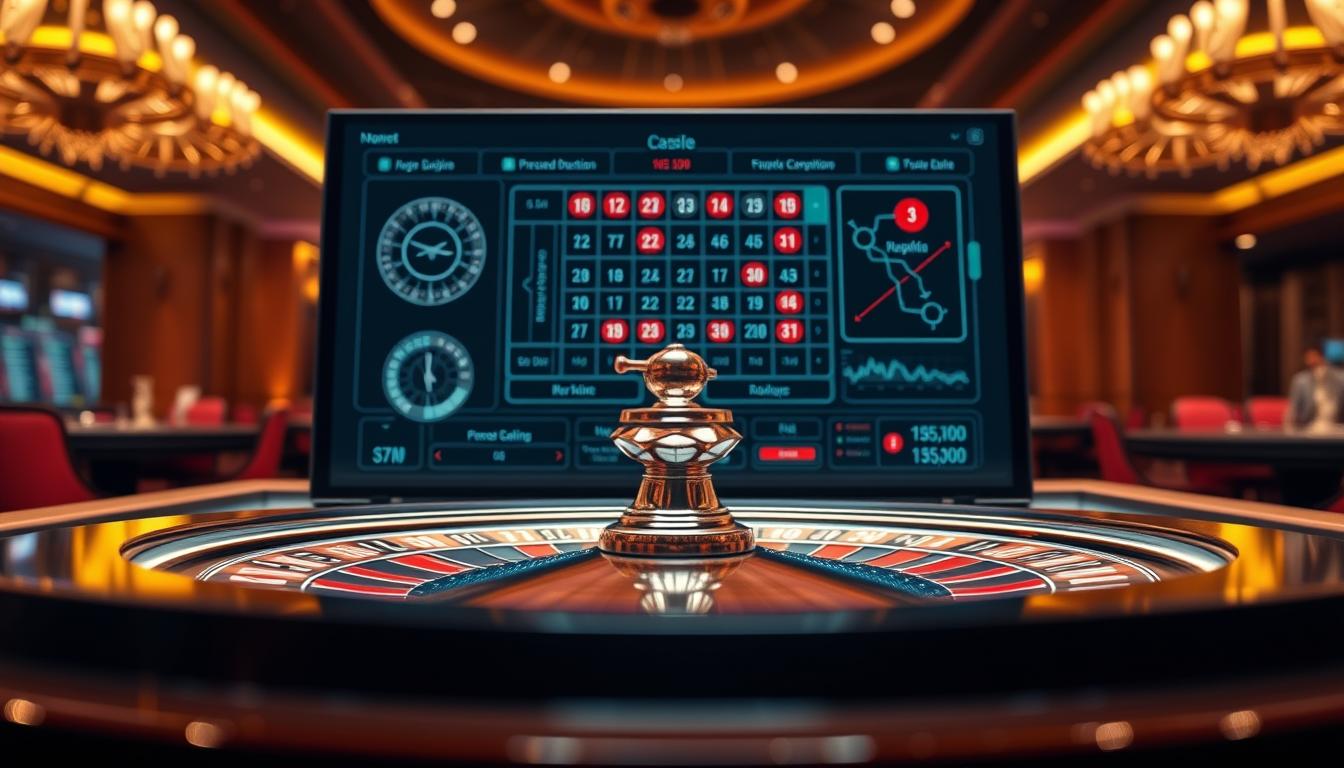 A sleek and sophisticated user interface for Roulette Prediction Software, designed to empower players with advanced strategies. In the foreground, a high-resolution display showcases intricate algorithms and data visualizations, guiding users towards optimal betting decisions. The middle ground features precision control panels, allowing seamless navigation and real-time adjustments to betting patterns. In the background, a subtly blurred casino setting creates an immersive atmosphere, evoking the thrill of the game. Warm, ambient lighting and a clean, minimalist aesthetic convey a sense of confidence and professionalism, reflecting the power of the Roulette Prediction Software to deliver consistent wins.