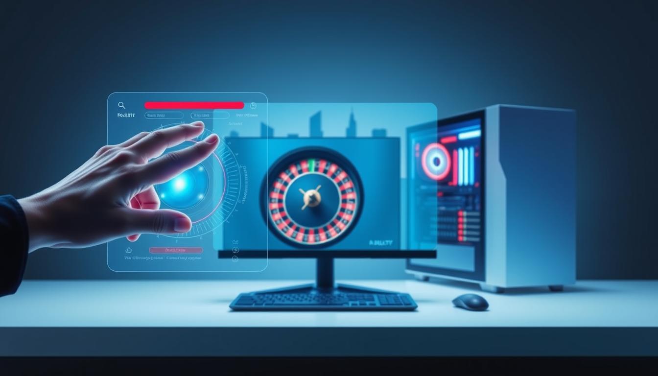 A sleek, futuristic "Roulette Prediction Software" interface displayed on a minimalist desktop. In the foreground, a user's hand interacts with a transparent, holographic control panel, its crisp digital graphics pulsing with vivid colors. The software's main window showcases a live roulette wheel simulation, the ball's trajectory predicted by complex algorithms. In the middle ground, a high-end gaming PC casts a cool, ambient glow, its peripherals neatly arranged. The background features a stylized cityscape of towering skyscrapers, hinting at the software's cutting-edge, metropolitan origins. Soft, directional lighting creates a sense of depth and atmosphere, while a minimalist color palette of blues, grays, and whites conveys a sleek, futuristic aesthetic.