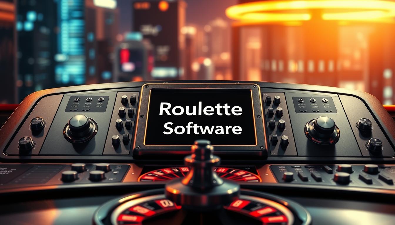 A sleek, metallic control panel with a central display showcasing the "Roulette Prediction Software" brand name. The panel is surrounded by an array of buttons, dials, and sliders, creating an impression of advanced technological sophistication. The lighting is dramatic, with a mix of warm and cool tones illuminating the scene, casting dramatic shadows and highlights across the surface. The camera angle is slightly elevated, giving a sense of authority and control. The background is a blurred, futuristic cityscape, hinting at the cutting-edge nature of the software. The overall mood is one of precision, power, and the promise of unlocking the secrets of the roulette wheel.