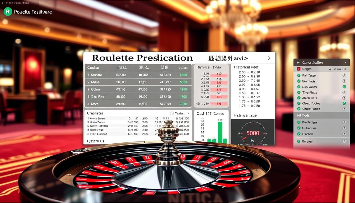 A sleek, modern software interface with the "Roulette Prediction Software" brand prominently displayed. The foreground features a roulette wheel simulation, with realistic physics and animations. The middle ground shows various betting options, odds calculations, and historical data visualizations. The background has a subtle, blurred casino ambiance, with soft lighting and elegant textures. The overall tone is professional, informative, and conveys the responsible, ethical use of betting software to enhance the roulette gameplay experience.