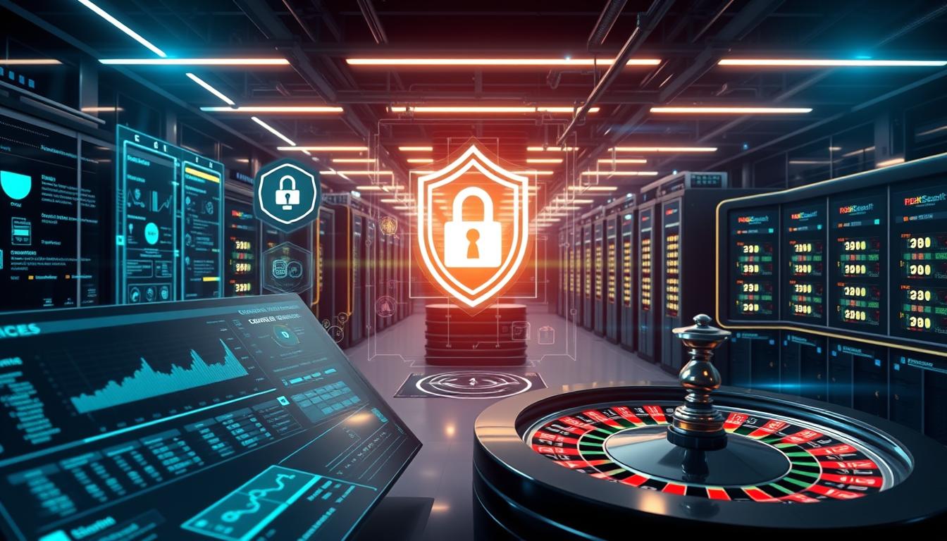 A sophisticated software interface showcasing secure data encryption, network monitoring, and user authentication for the "Roulette Prediction Software" system. In the foreground, a sleek dashboard displays real-time analytics and advanced algorithms. The middle ground features holographic security protocols, including biometric scanners and two-factor authentication. In the background, a complex network of servers and data centers, protected by layers of firewalls and intrusion detection systems, create an atmosphere of technological prowess and unwavering digital safeguards. Dramatic lighting, subtle blue and green hues, and precision-engineered components convey a sense of power, reliability, and uncompromising security for the roulette prediction software. A sophisticated software interface showcasing secure data encryption, network monitoring, and user authentication for the "Roulette Prediction Software" system. In the foreground, a sleek dashboard displays real-time analytics and advanced algorithms. The middle ground features holographic security protocols, including biometric scanners and two-factor authentication. In the background, a complex network of servers and data centers, protected by layers of firewalls and intrusion detection systems, create an atmosphere of technological prowess and unwavering digital safeguards. Dramatic lighting, subtle blue and green hues, and precision-engineered components convey a sense of power, reliability, and uncompromising security for the roulette prediction software.