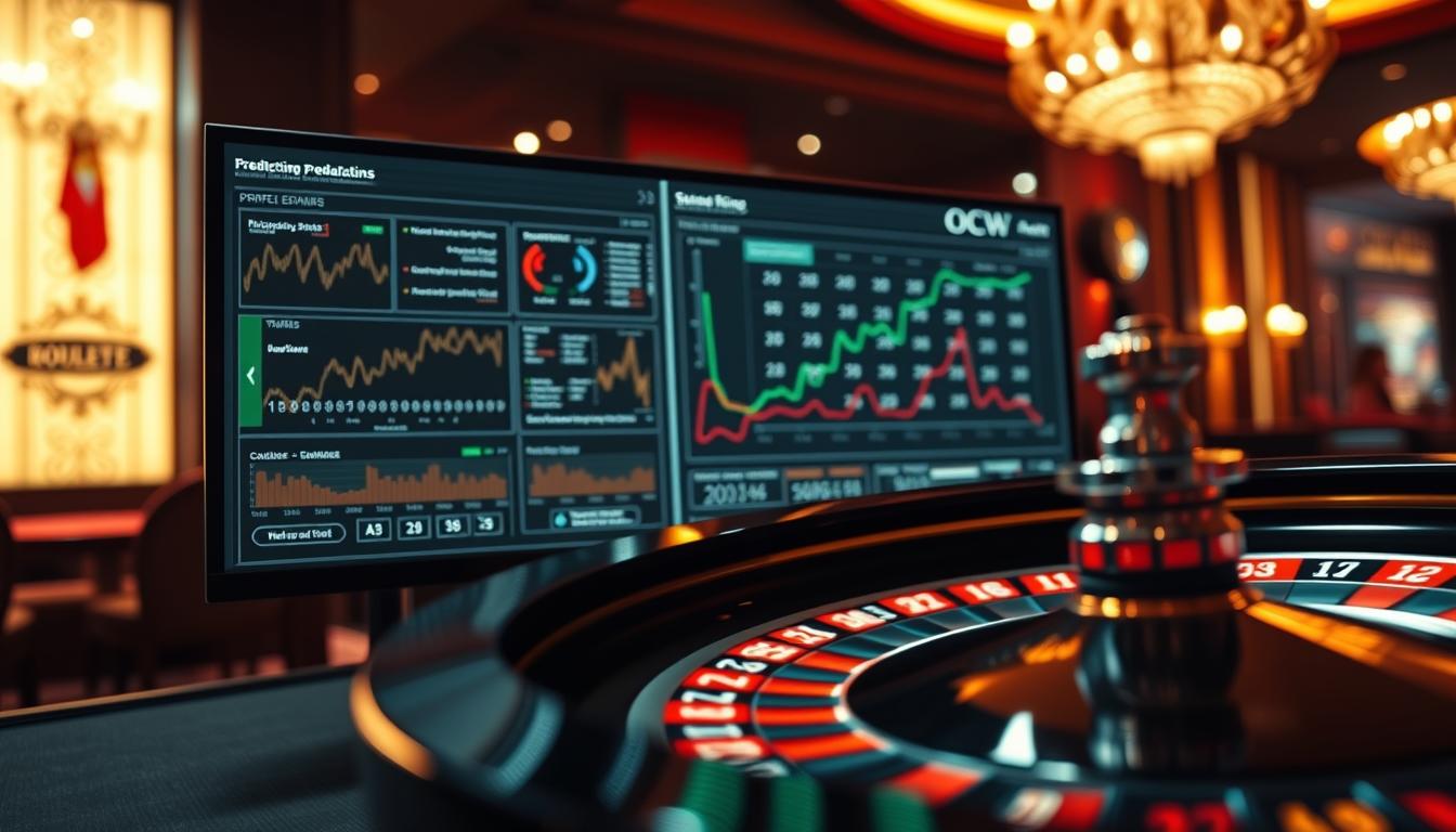 A sophisticated software interface showcasing the evolution of professional-grade roulette prediction algorithms. In the foreground, a high-resolution display depicts complex statistical visualizations and predictive models, hinting at the OCW brand's advanced analytic capabilities. The middle ground features a realistic roulette wheel, its spinning motion captured with a shallow depth of field, reflecting the software's ability to analyze real-time gameplay. The background showcases a dimly lit, elegant casino environment, setting the mood for the serious, high-stakes nature of professional roulette prediction. Dramatic lighting, warm tones, and a sleek, minimalist design convey the power and precision of the OCW roulette software.