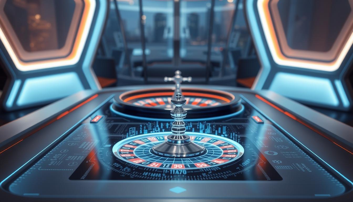 A technologically-advanced roulette table, sleek and modern, with a holographic display showcasing OCW's Roulette Strategy Optimization Software. The table is illuminated by soft, ambient lighting, creating a sophisticated and immersive atmosphere. In the foreground, the software's cutting-edge algorithms are visualized as intricate, data-driven animations, offering a glimpse into the power of AI-driven strategy optimization. The middle ground features a stylized roulette wheel, its spinning motion captured in a frozen moment, hinting at the game's dynamics. In the background, a futuristic cityscape or casino setting provides a sense of context and high-stakes excitement.