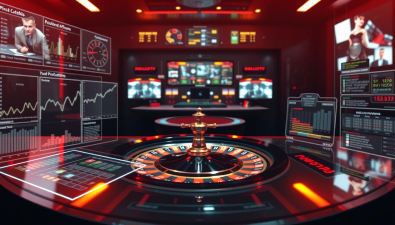 A technologically advanced user interface displays intricate algorithms and data visualizations of a "Roulette Prediction Software" system. The foreground showcases sleek interactive graphs, charts, and predictive models. In the middle ground, a roulette table with a spinning wheel is reflected on a glossy desk surface, while the background features a dimly lit, high-tech control room with screens, blinking indicators, and a sense of analytical precision. Warm lighting accentuates the sophisticated, futuristic atmosphere, conveying the power and precision of this specialized roulette software. A technologically advanced user interface displays intricate algorithms and data visualizations of a "Roulette Prediction Software" system. The foreground showcases sleek interactive graphs, charts, and predictive models. In the middle ground, a roulette table with a spinning wheel is reflected on a glossy desk surface, while the background features a dimly lit, high-tech control room with screens, blinking indicators, and a sense of analytical precision. Warm lighting accentuates the sophisticated, futuristic atmosphere, conveying the power and precision of this specialized roulette software.