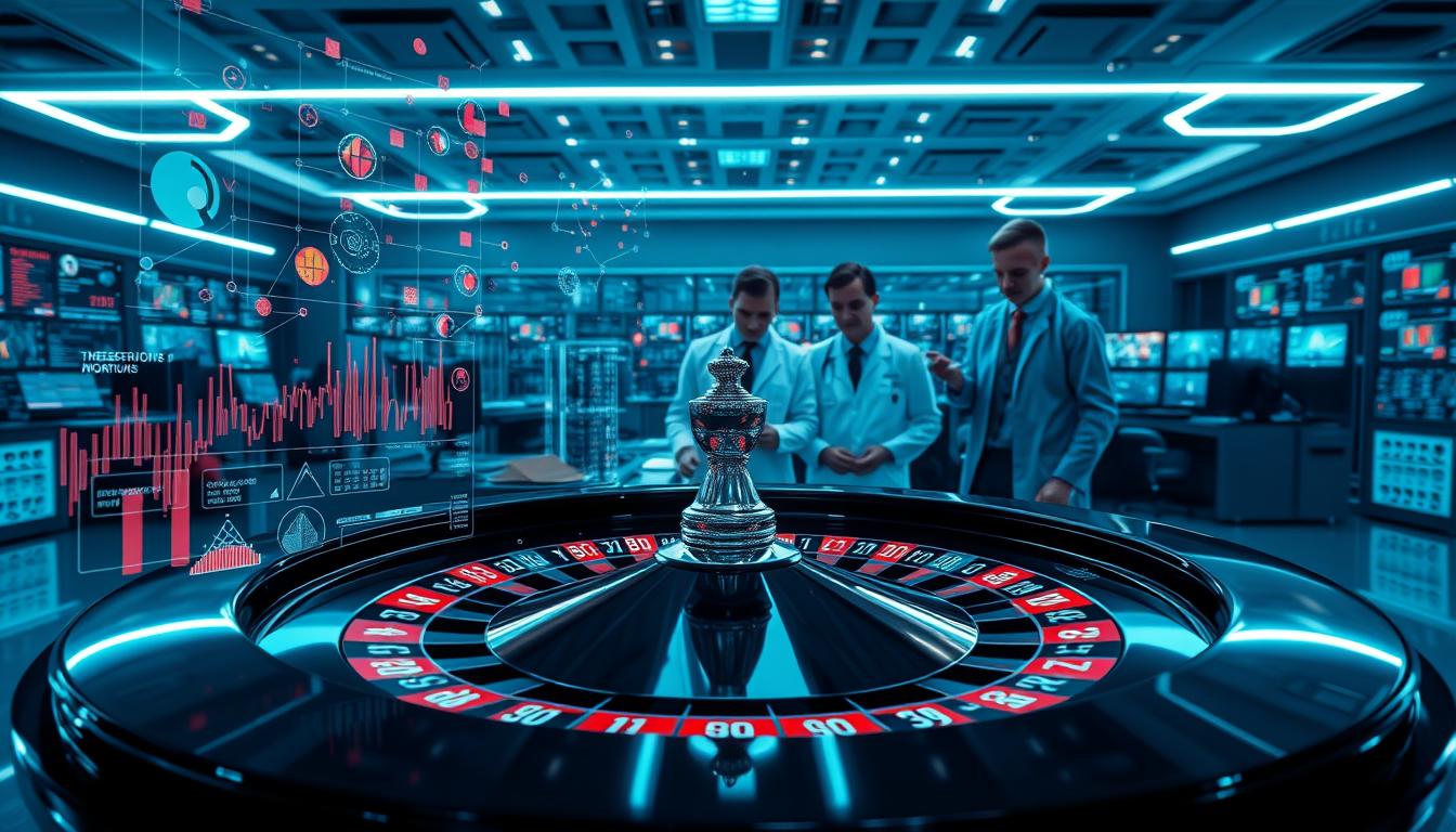 A visualization of AI algorithms analyzing roulette patterns, with a sleek, futuristic aesthetic. In the foreground, a complex array of colorful data visualizations and analytical graphs float above a gleaming black roulette table, bathed in cool, blue-tinted lighting. In the middle ground, a team of OCW researchers in lab coats intently study the insights gleaned from the AI-powered analysis, their expressions one of deep concentration. In the background, a vast, ultramodern control room hums with activity, filled with banks of screens and servers processing endless streams of roulette data. An atmosphere of technological innovation and scientific rigor pervades the scene. A visualization of AI algorithms analyzing roulette patterns, with a sleek, futuristic aesthetic. In the foreground, a complex array of colorful data visualizations and analytical graphs float above a gleaming black roulette table, bathed in cool, blue-tinted lighting. In the middle ground, a team of OCW researchers in lab coats intently study the insights gleaned from the AI-powered analysis, their expressions one of deep concentration. In the background, a vast, ultramodern control room hums with activity, filled with banks of screens and servers processing endless streams of roulette data. An atmosphere of technological innovation and scientific rigor pervades the scene.