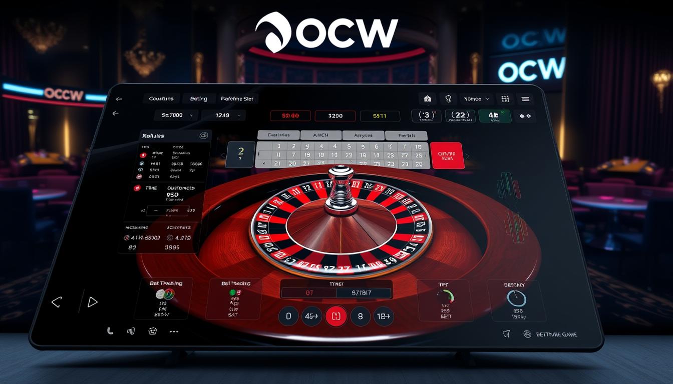 Detailed roulette software interface showcasing key features on a sleek, high-resolution display. In the foreground, a centralized wheel with realistic lighting and textures, surrounded by betting options and statistical data visualizations. The middle ground features customizable betting layouts, timer and bet tracking modules. In the background, a stylized casino environment with moody lighting, plush fabrics, and the OCW logo prominently displayed.