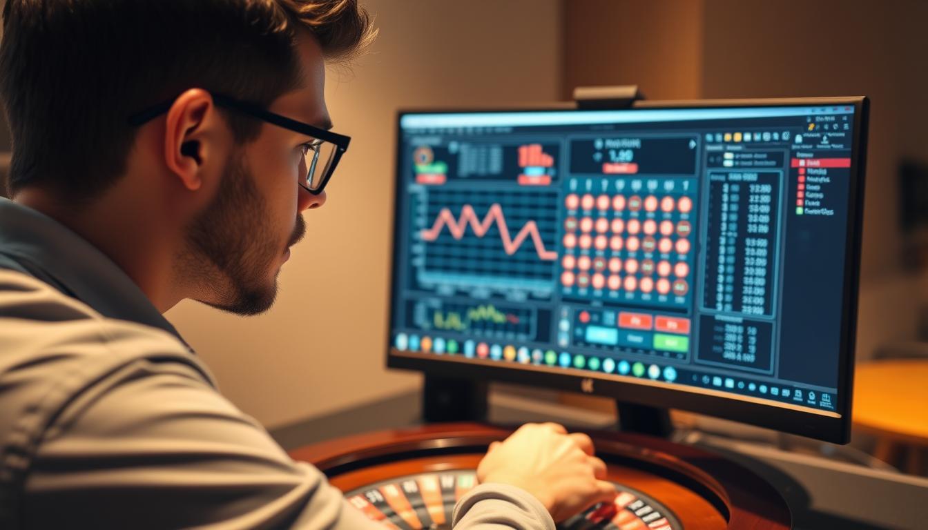 Generate an image of a person using roulette simulation software on a computer Generate an image of a person using roulette simulation software on a computer