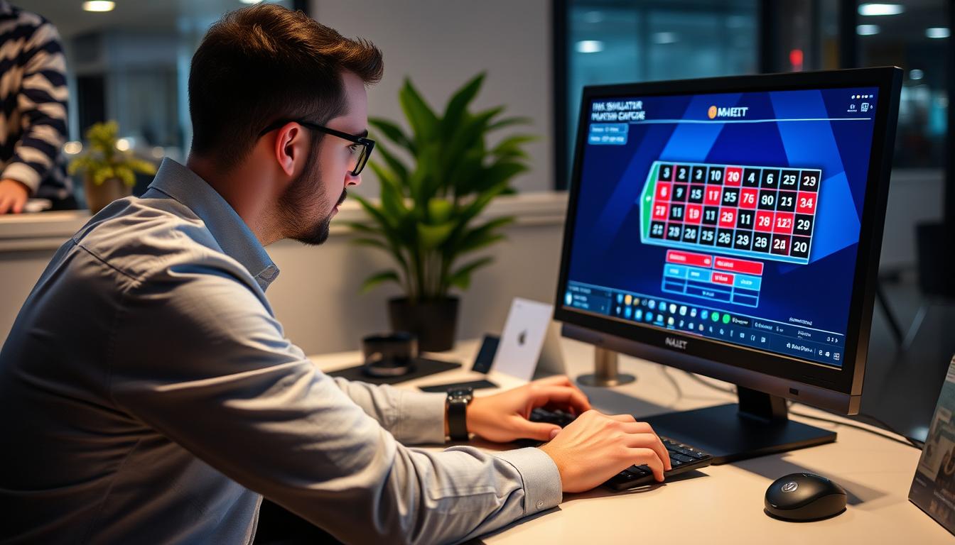 Generate an image of a person using roulette simulation software on a computer.
