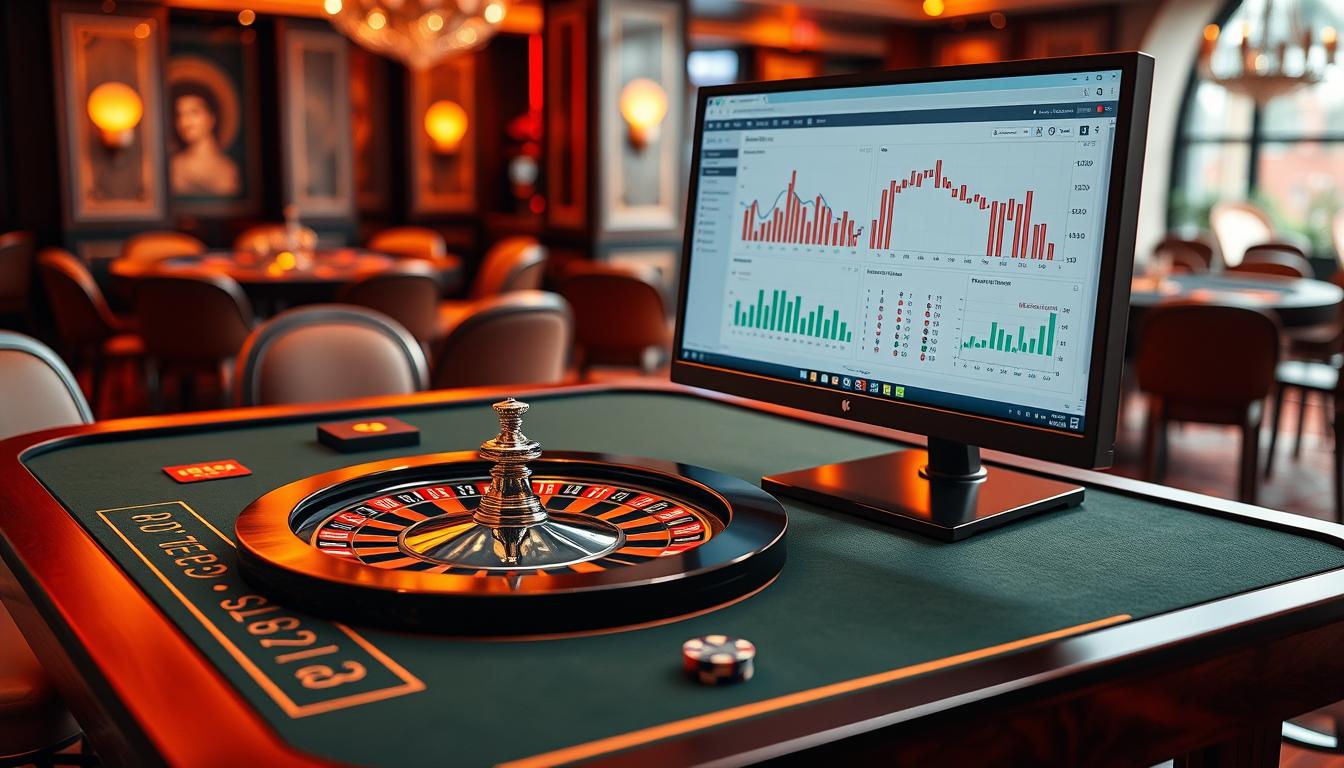 Generate an image of a roulette table with a computer screen displaying OCW software analytics. Generate an image of a roulette table with a computer screen displaying OCW software analytics.