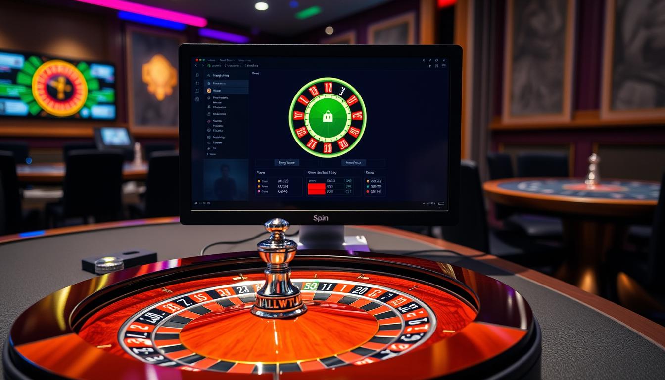 Generate an image of a roulette table with a computer screen displaying SpinAttack/SpinPro software Generate an image of a roulette table with a computer screen displaying SpinAttack/SpinPro software