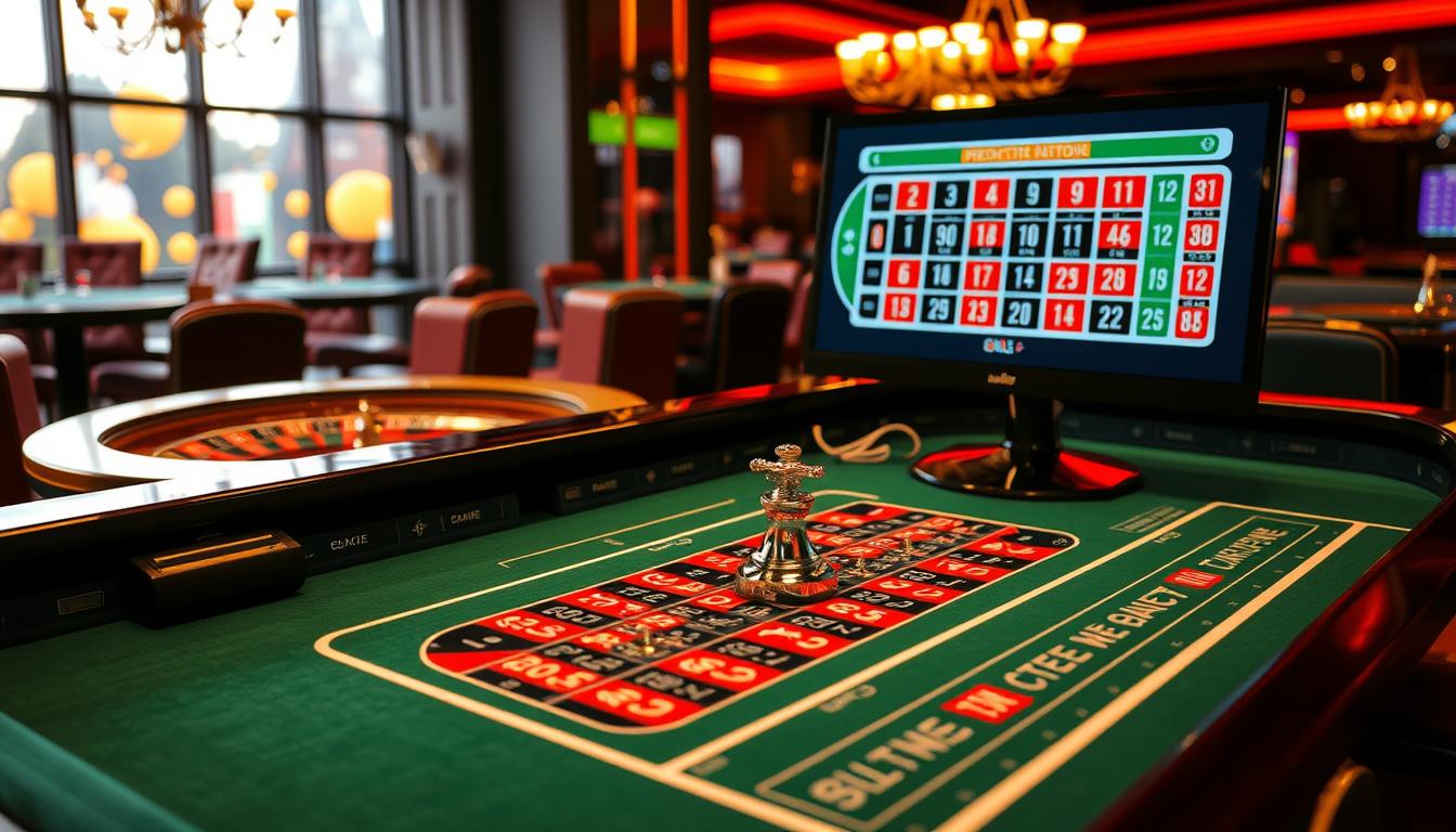 Generate an image of a roulette table with a computer screen displaying prediction software in action. Generate an image of a roulette table with a computer screen displaying prediction software in action.