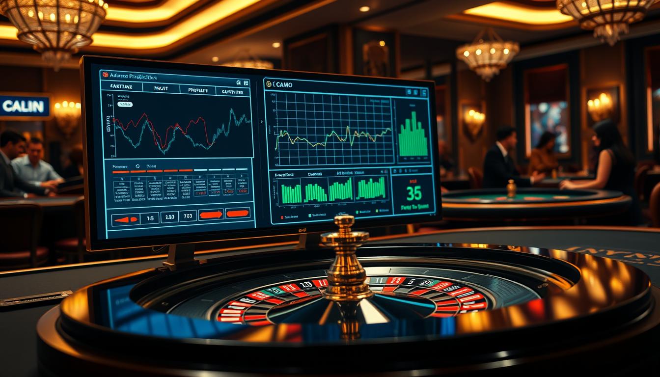 Generate an image of a roulette table with a computer screen displaying prediction software Generate an image of a roulette table with a computer screen displaying prediction software