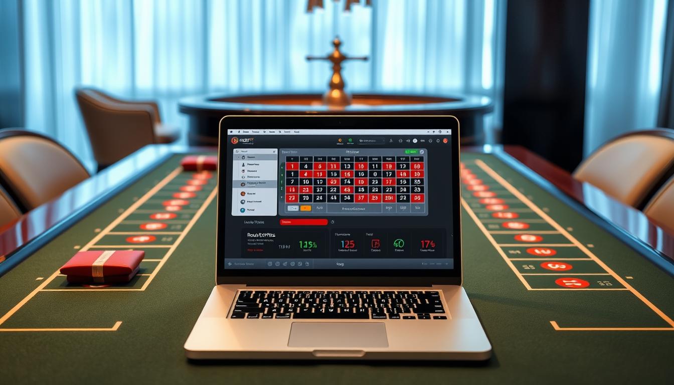 Generate an image of a roulette table with a laptop in the foreground displaying the RouleGENIUS software interface. Generate an image of a roulette table with a laptop in the foreground displaying the RouleGENIUS software interface.