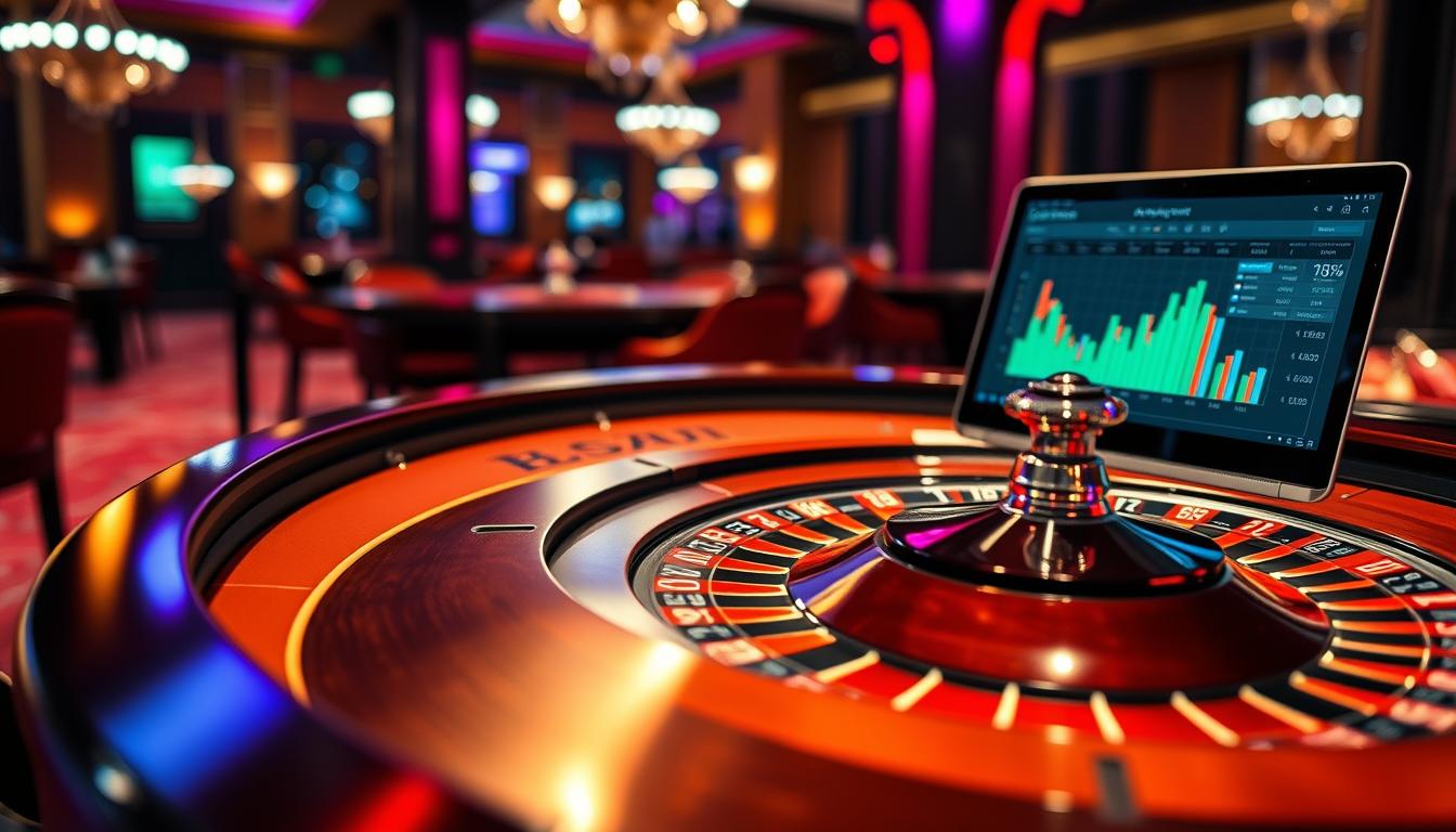 Generate an image of a roulette table with a laptop screen displaying AI software analysis.