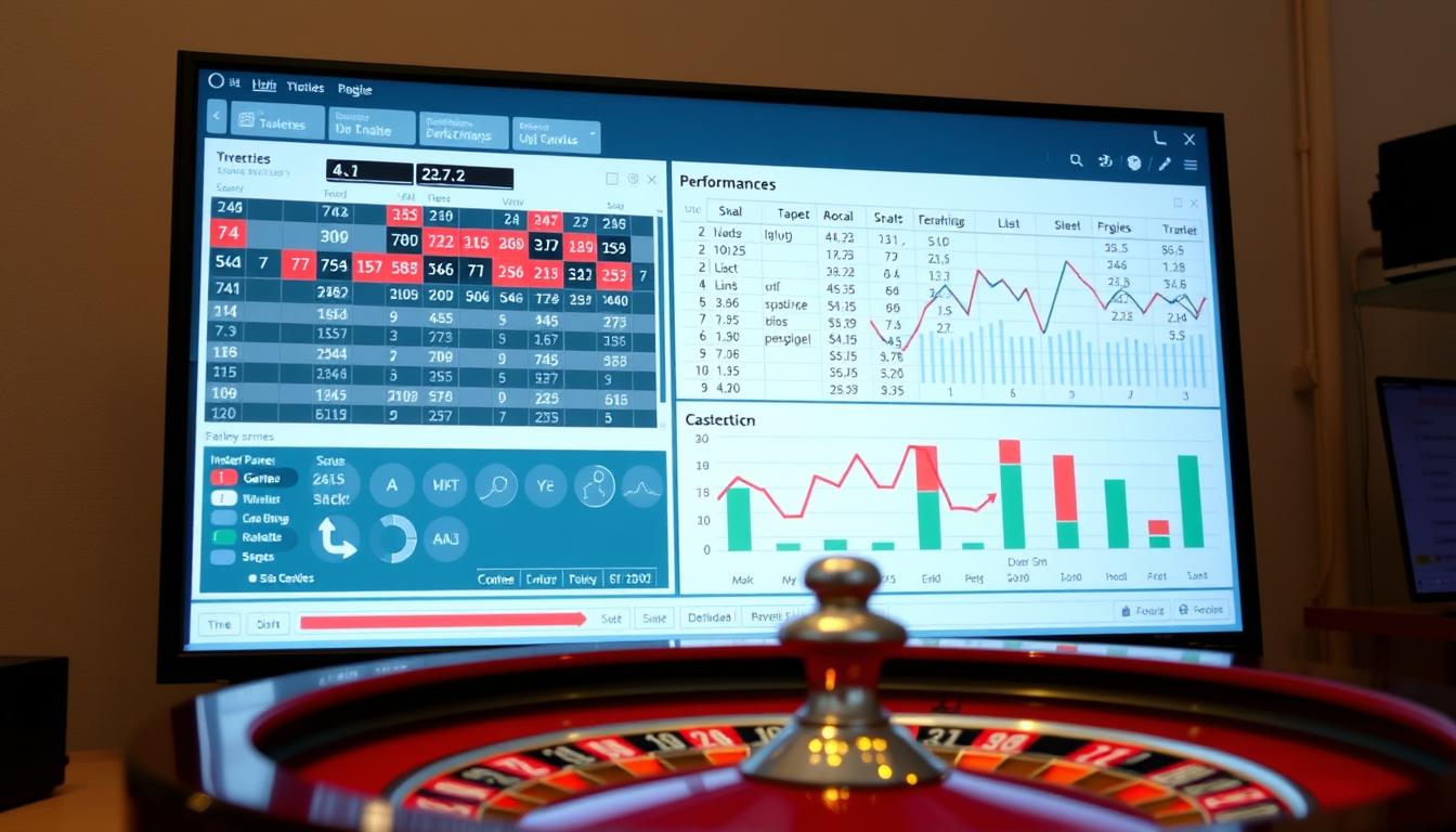 Image of a computer screen displaying statistical analysis and tracking data for roulette