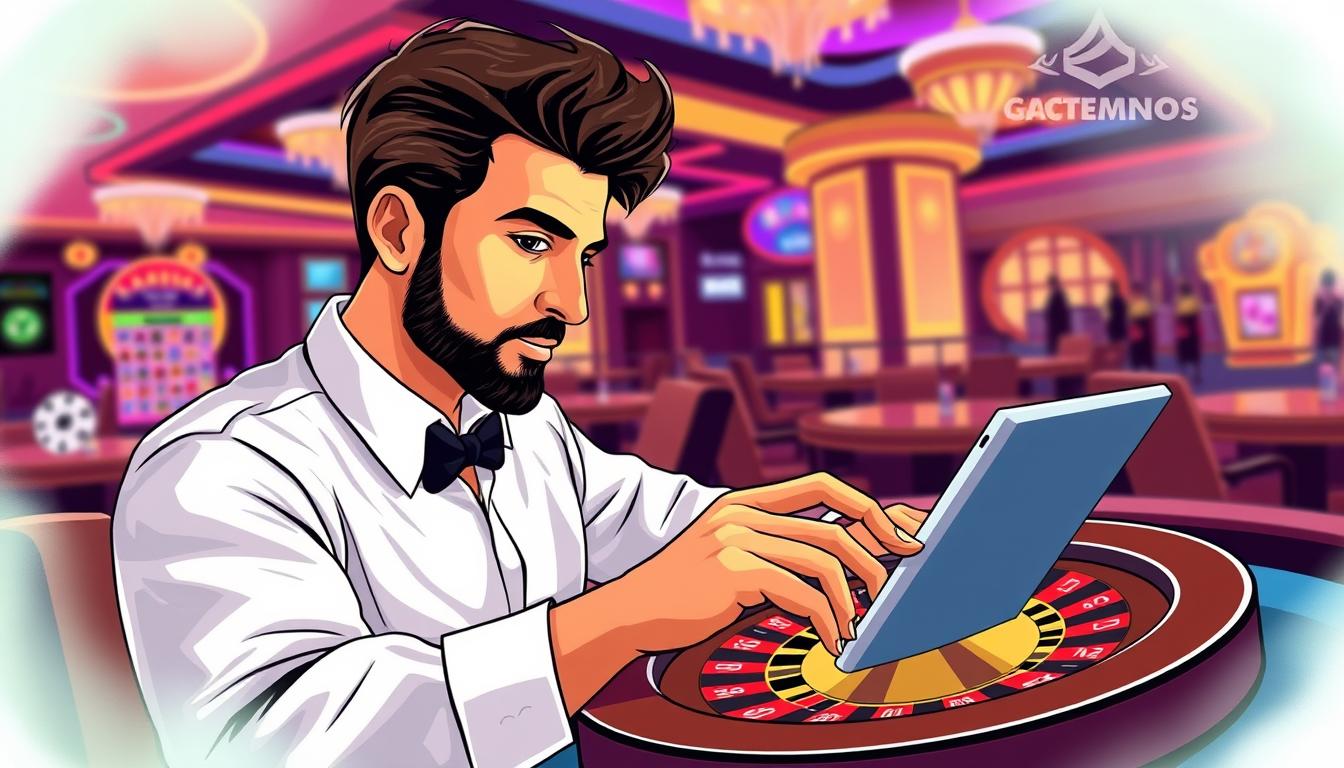 Image of a roulette player using bankroll management software on a tablet