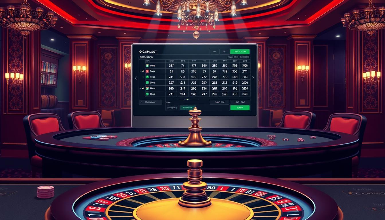 Image of a roulette table with a computer screen displaying an automated betting bot interface Image of a roulette table with a computer screen displaying an automated betting bot interface