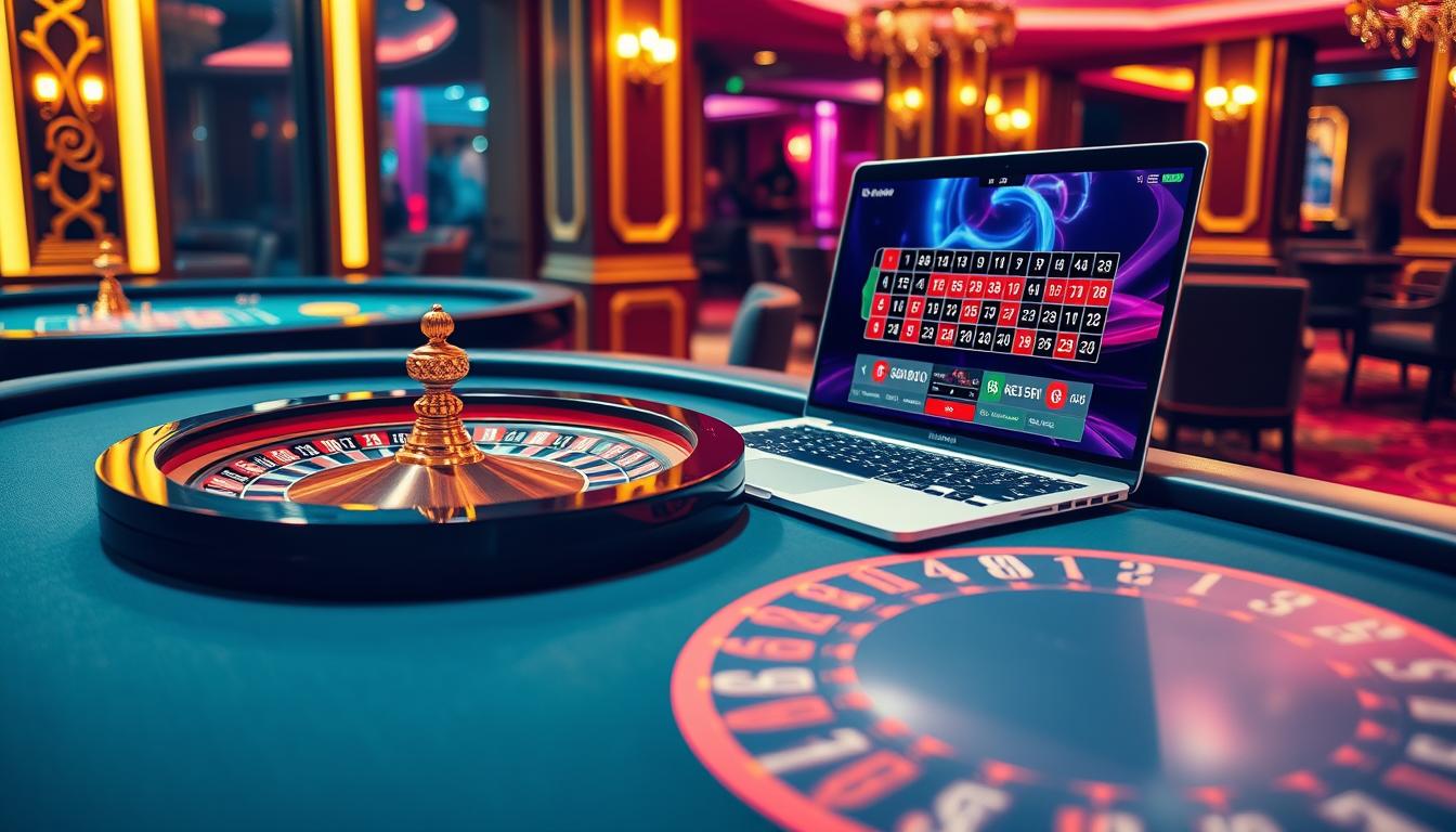Image of a roulette table with a laptop displaying roulette software