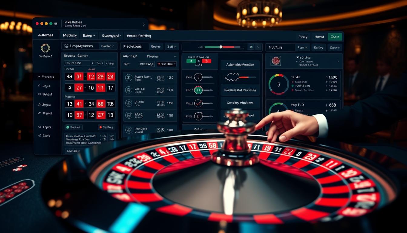 Roulette Prediction Software: A sleek, high-tech interface showcasing an analytical dashboard with real-time data, complex algorithms, and customizable settings. In the foreground, a roulette wheel spins, its vibrant colors and intricate mechanics captured in a tight, cinematic shot. In the middle ground, a user's hands manipulate the software, navigating through various prediction models and probability calculations. The background is a dimly lit, sophisticated casino setting, with hints of atmospheric lighting and the faint sounds of clinking glasses and murmured conversations, creating a sense of anticipation and strategic decision-making. The overall tone is one of cutting-edge technology, precision, and the thrill of the roulette table.