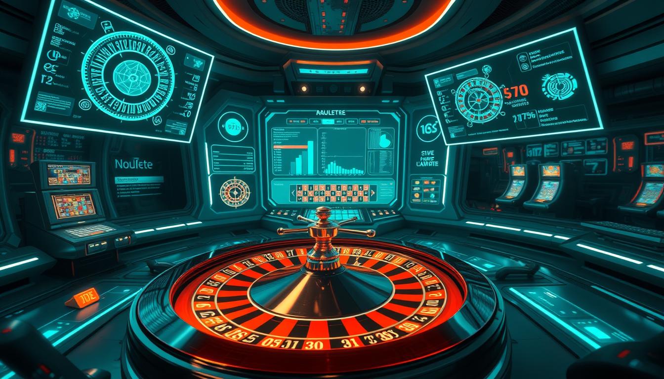 A futuristic command center with a sleek, high-tech roulette prediction software interface. Holographic displays showcase complex algorithms, probability models, and real-time data visualizations. In the foreground, a stylized roulette wheel spins, its movements tracked and analyzed by advanced sensors. The middle ground features a digital control panel with intuitive touch controls and customizable settings. The background depicts a dimly lit casino ambiance, complete with the faint sounds of slot machines and hushed conversations. Cool neon accents and a subtle blue-green color palette convey a sense of technological sophistication and precision. A futuristic command center with a sleek, high-tech roulette prediction software interface. Holographic displays showcase complex algorithms, probability models, and real-time data visualizations. In the foreground, a stylized roulette wheel spins, its movements tracked and analyzed by advanced sensors. The middle ground features a digital control panel with intuitive touch controls and customizable settings. The background depicts a dimly lit casino ambiance, complete with the faint sounds of slot machines and hushed conversations. Cool neon accents and a subtle blue-green color palette convey a sense of technological sophistication and precision.