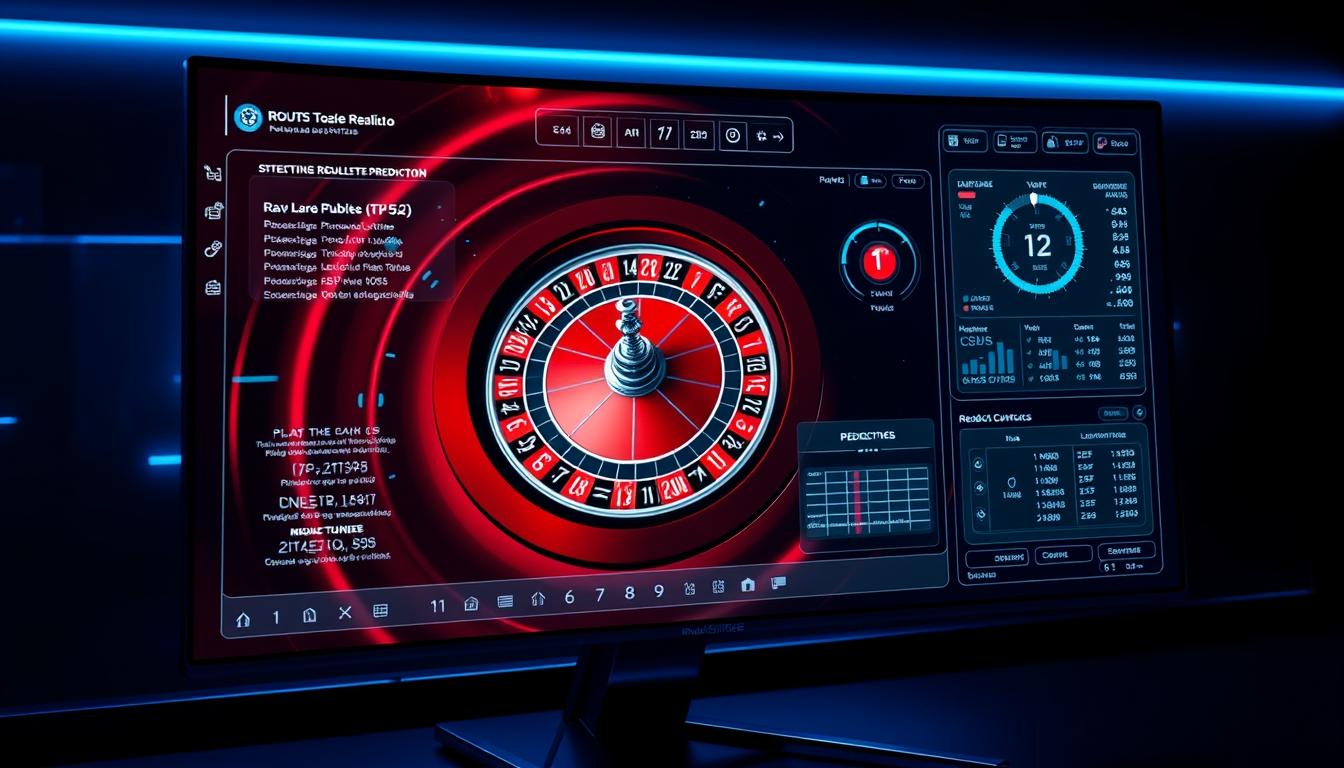 A futuristic roulette prediction software interface, displayed on a sleek, high-resolution monitor. The screen shows a roulette wheel simulation, with complex algorithms and data visualizations overlaying the spinning wheel. The software's dashboard features intuitive controls, predictive analytics, and live roulette odds updates, all rendered in a minimalist, high-tech aesthetic. Backlit by a cool, blue-tinted lighting scheme, the setup conveys a sense of precision, control, and the promise of outsmarting the casino. The image captures the essence of a powerful, cutting-edge roulette prediction tool that can help players maximize their casino winnings.